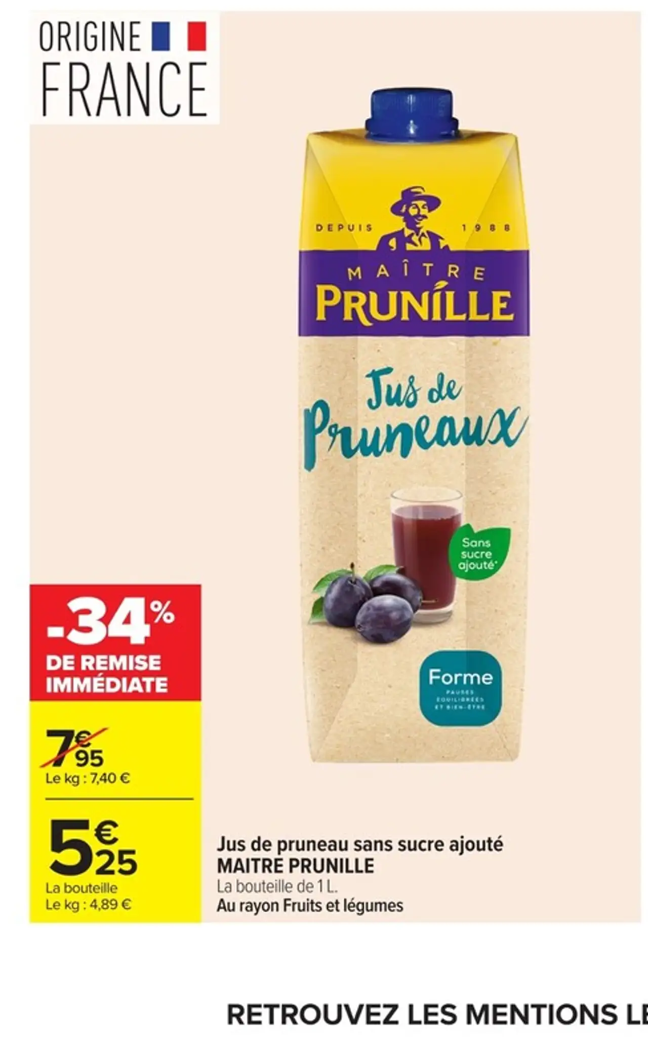 Jus de pruneau sans sucre ajouté MAÎTRE PRUNILLE