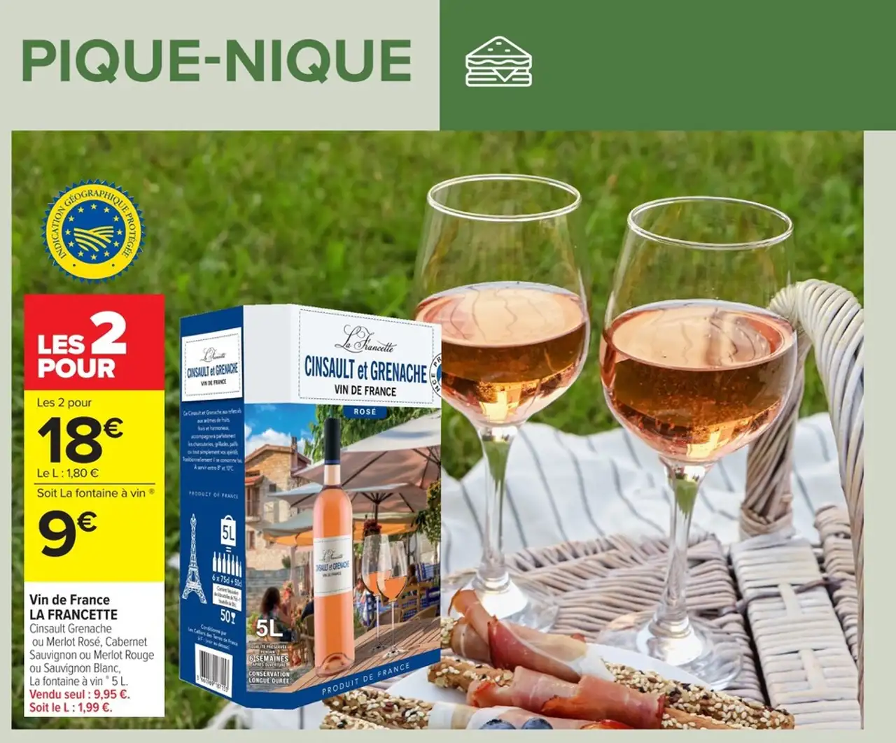 Vin de France LA FRANCETTE Cinsault Grenache ou Merlot Rosé, Cabernet Sauvignon ou Merlot Rouge ou Sauvignon Blanc