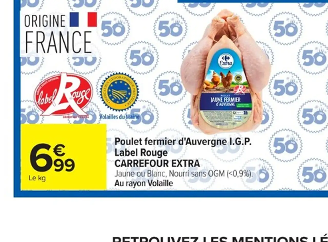 Poulet fermier d'Auvergne I.G.P. Label Rouge CARREFOUR EXTRA