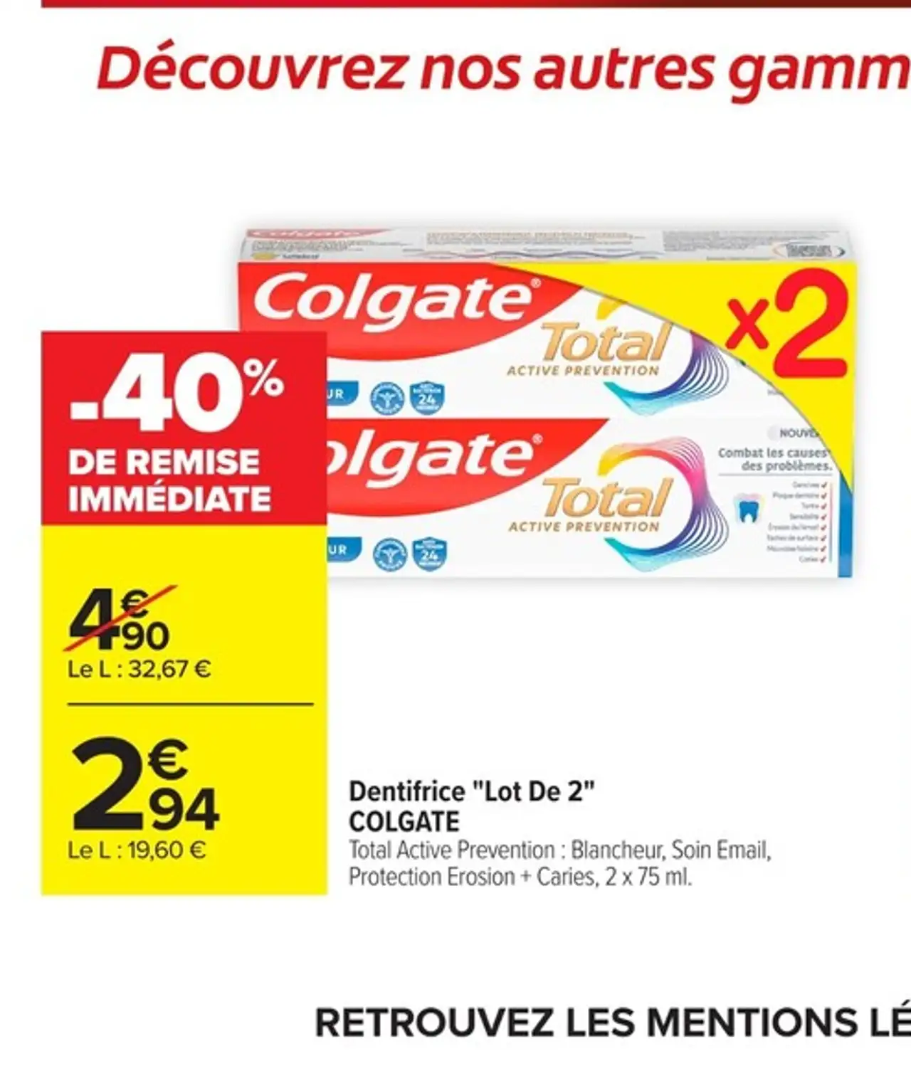 Dentifrice "Lot De 2" COLGATE Total Active Prevention : Blancheur, Soin Email, Protection Erosion + Caries