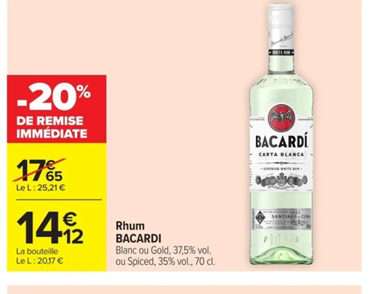 Rhum BACARDI Blanc ou Gold, 37,5% vol. ou Spiced, 35% vol.