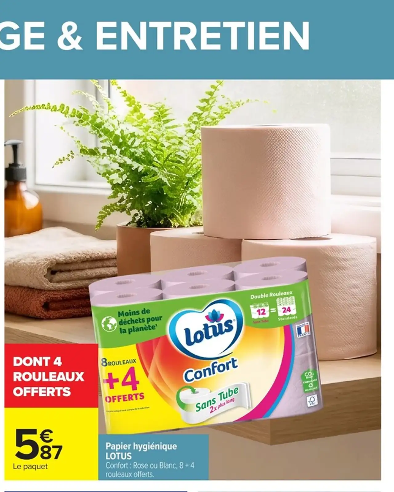 Papier hygiénique LOTUS Confort : Rose ou Blanc, 8 + 4 rouleaux offerts.
