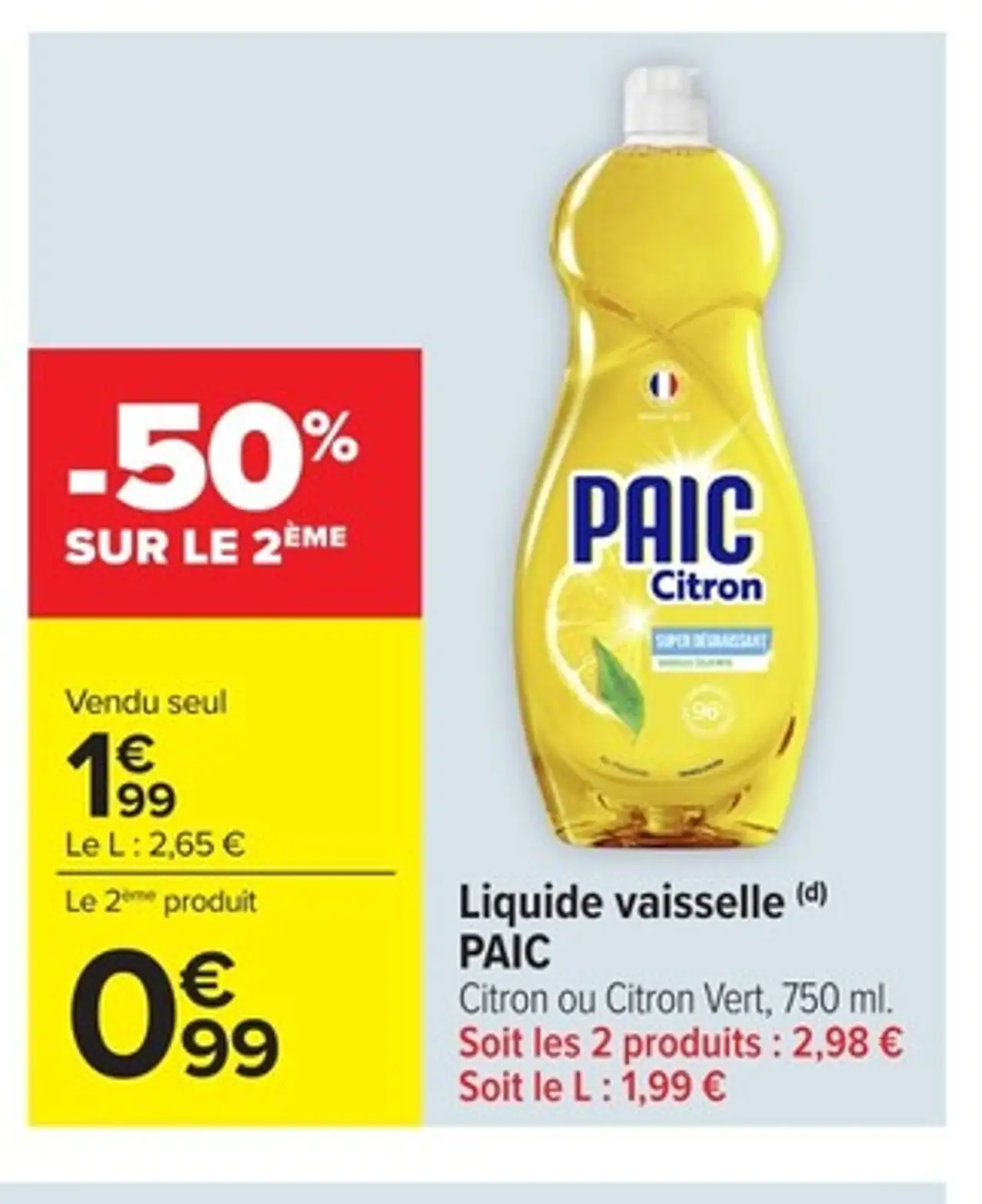 Liquide vaisselle PAIC Citron ou Citron Vert, 750 ml.