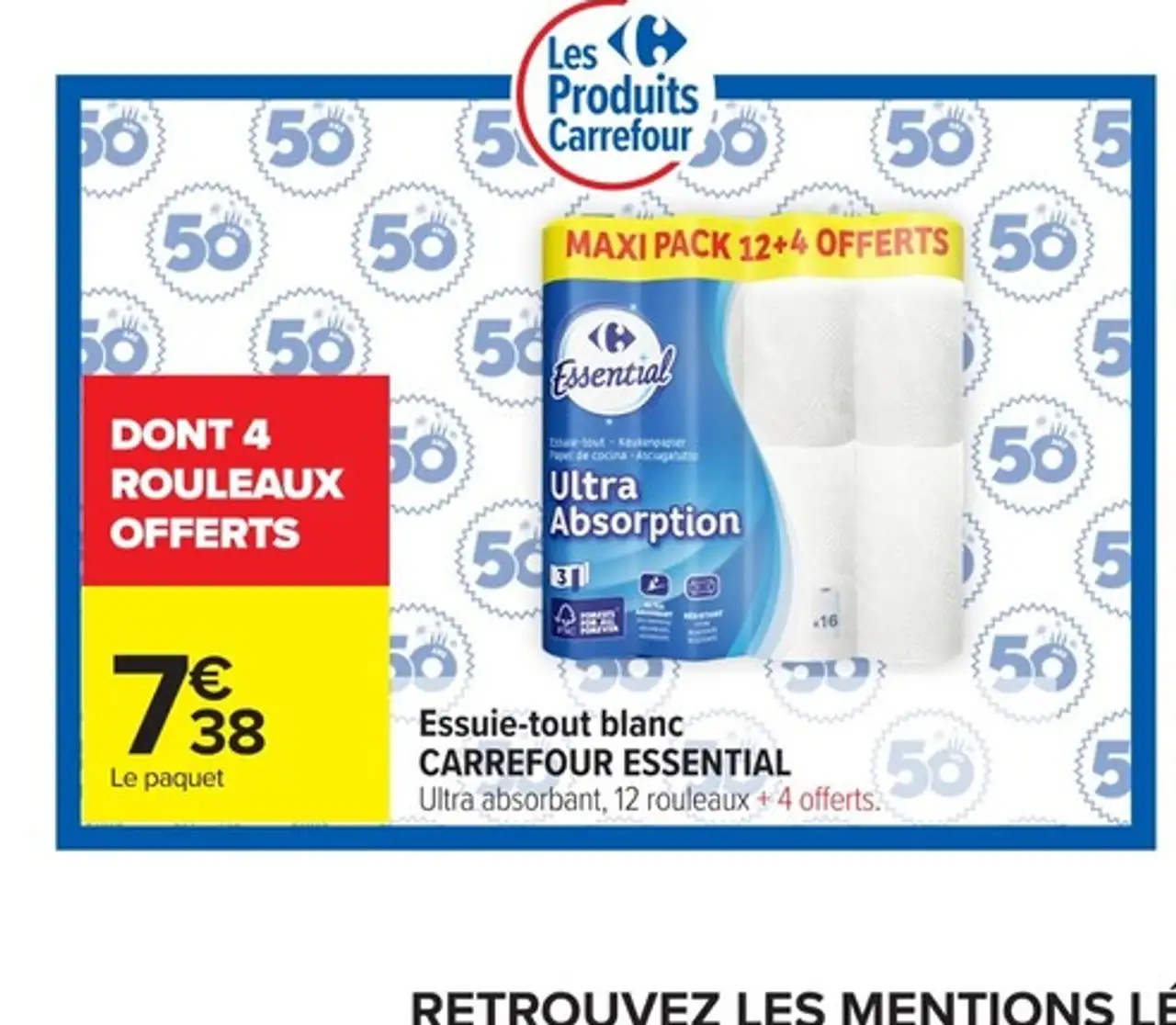 Essuie-tout blanc CARREFOUR ESSENTIAL Ultra absorbant, 12 rouleaux + 4 offerts.