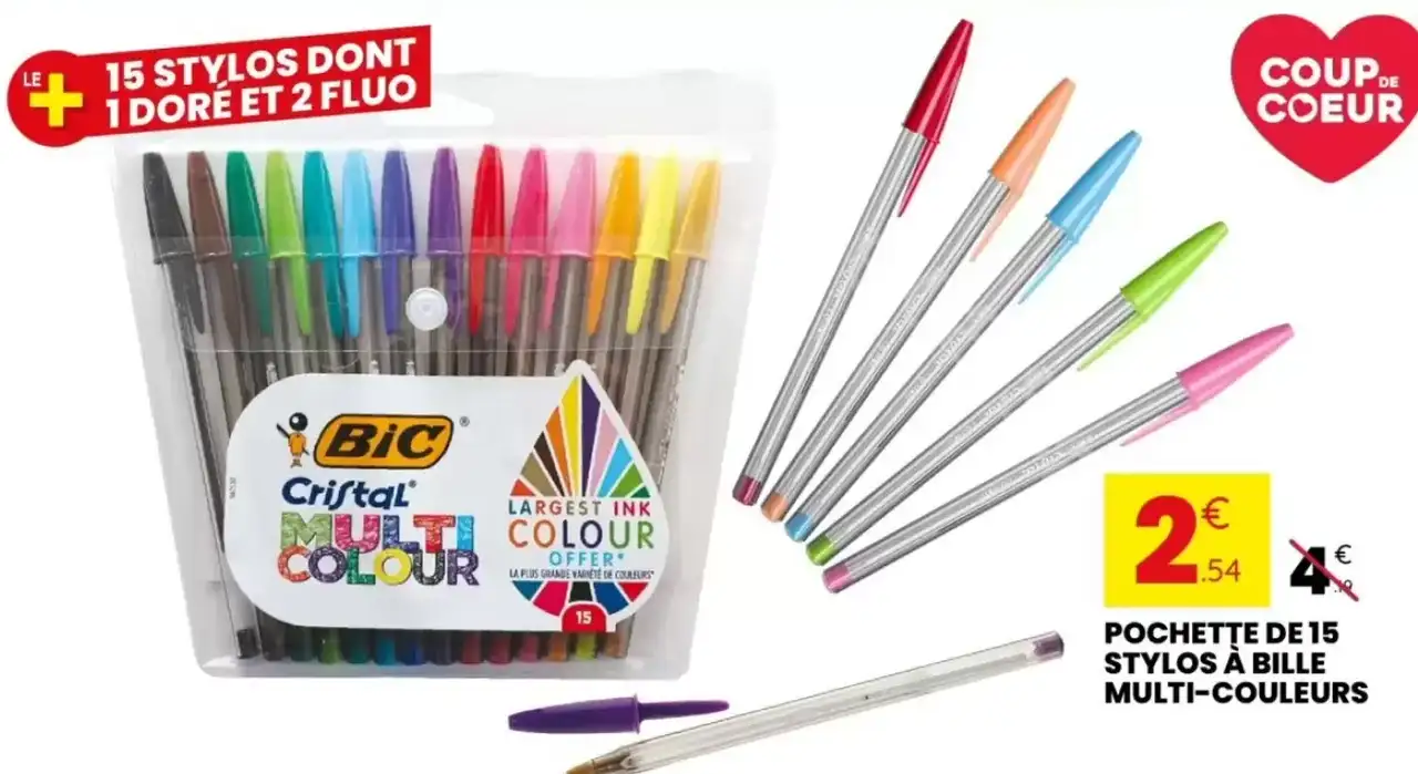 BIC Cristal Multi Colour Pochette de 15 stylos à bille multi-couleurs