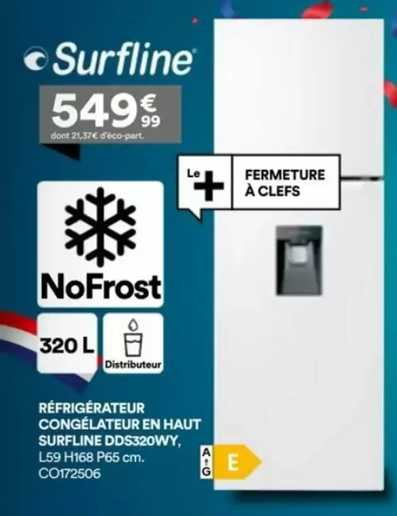 Réfrigérateur Congélateur en Haut Surfline DDS320WY