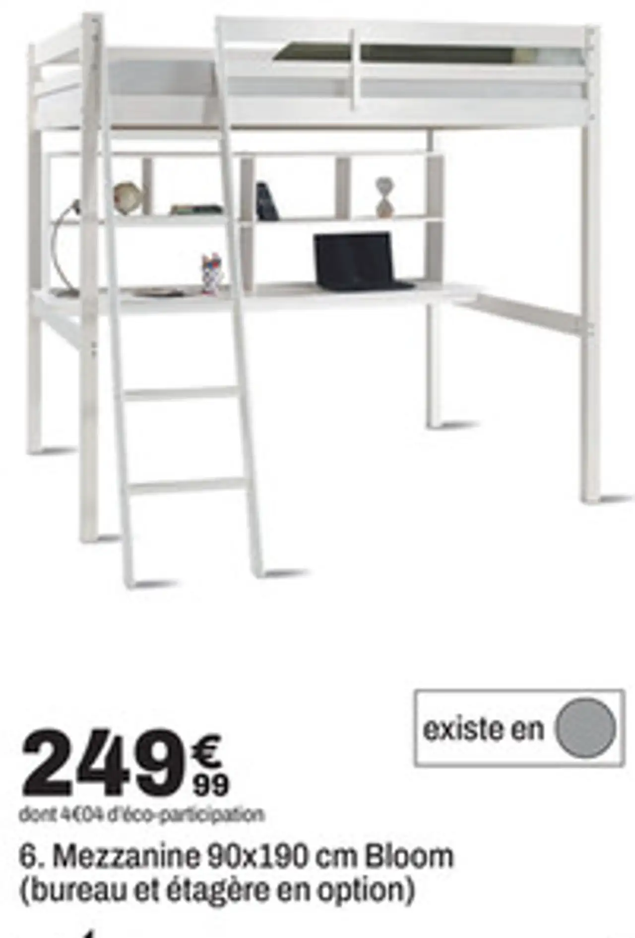 6. Mezzanine 90x190 cm Bloom (bureau et étagère en option)