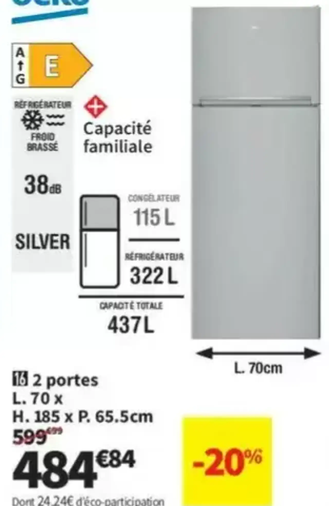 Beko 2 portes L. 70 x H. 185 x P. 65.5cm