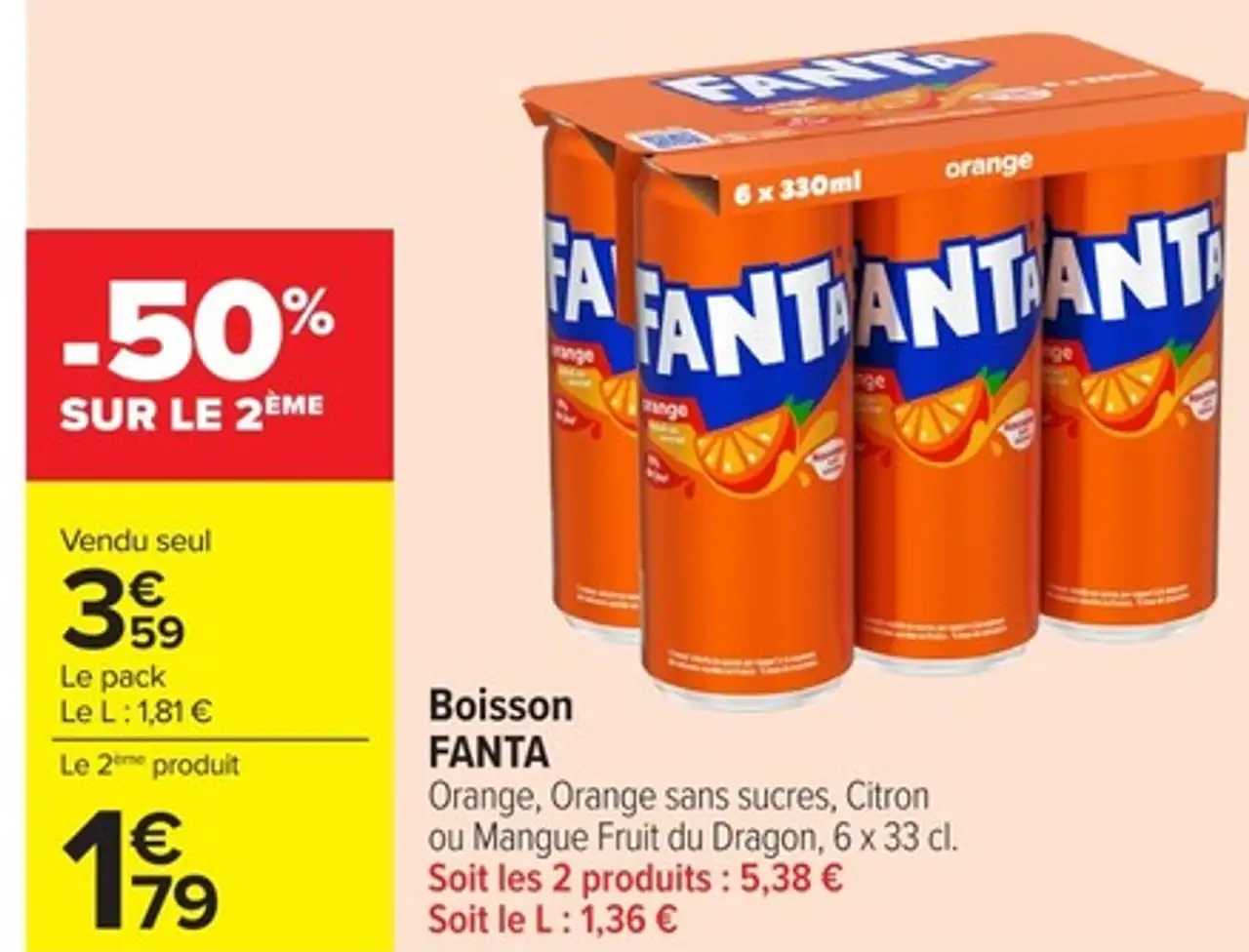 Boisson FANTA Orange, Orange sans sucres, Citron ou Mangue Fruit du Dragon, 6 x 33 cl.