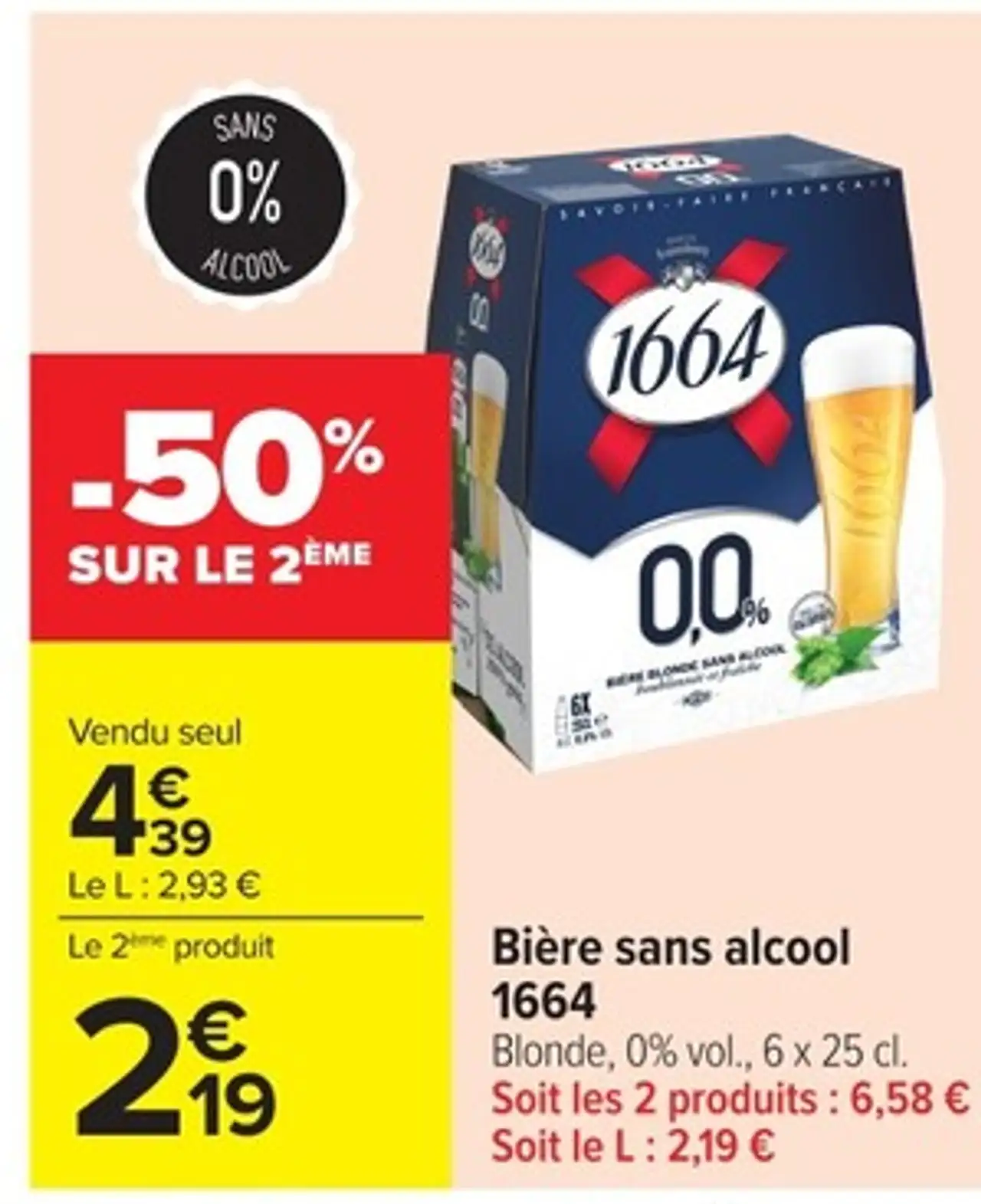 Bière sans alcool 1664 Blonde, 0% vol., 6 x 25 cl.
