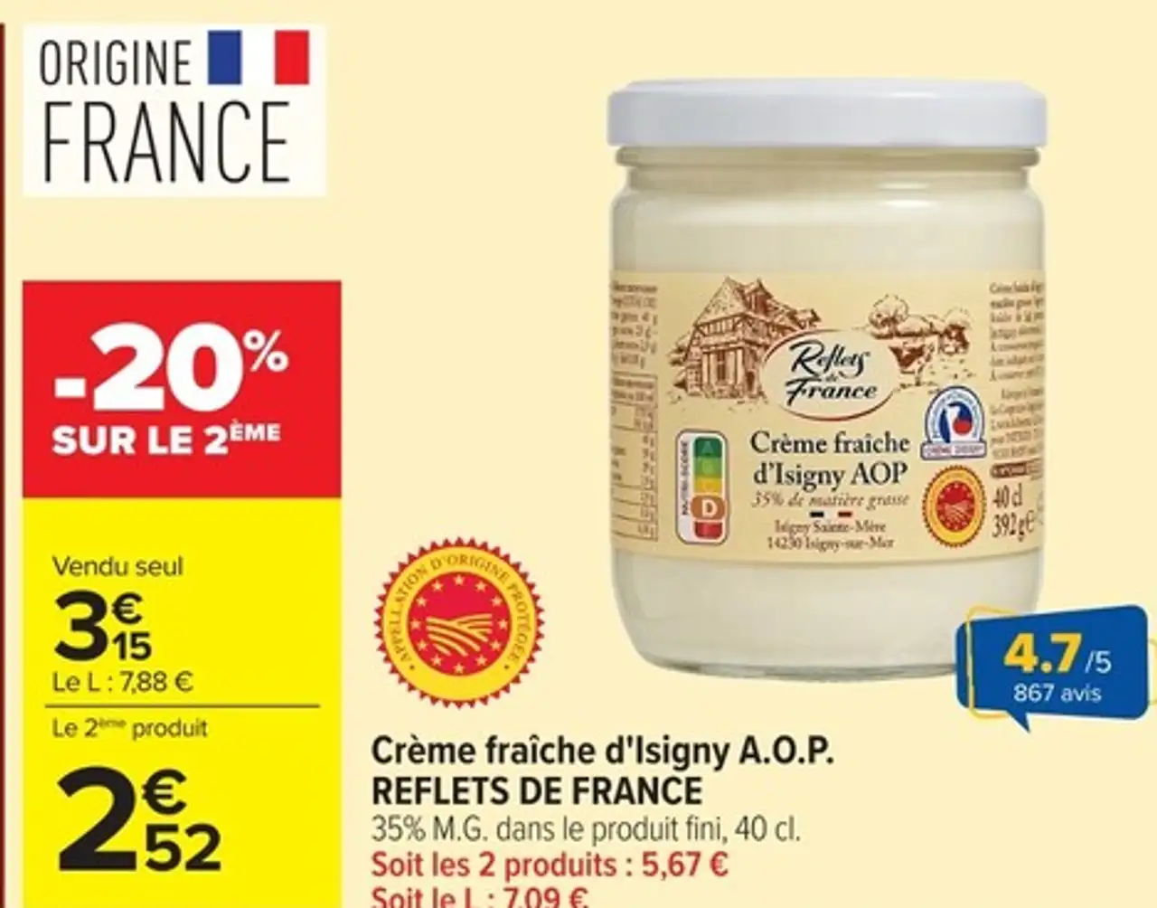 Crème fraîche d'Isigny A.O.P. REFLETS DE FRANCE