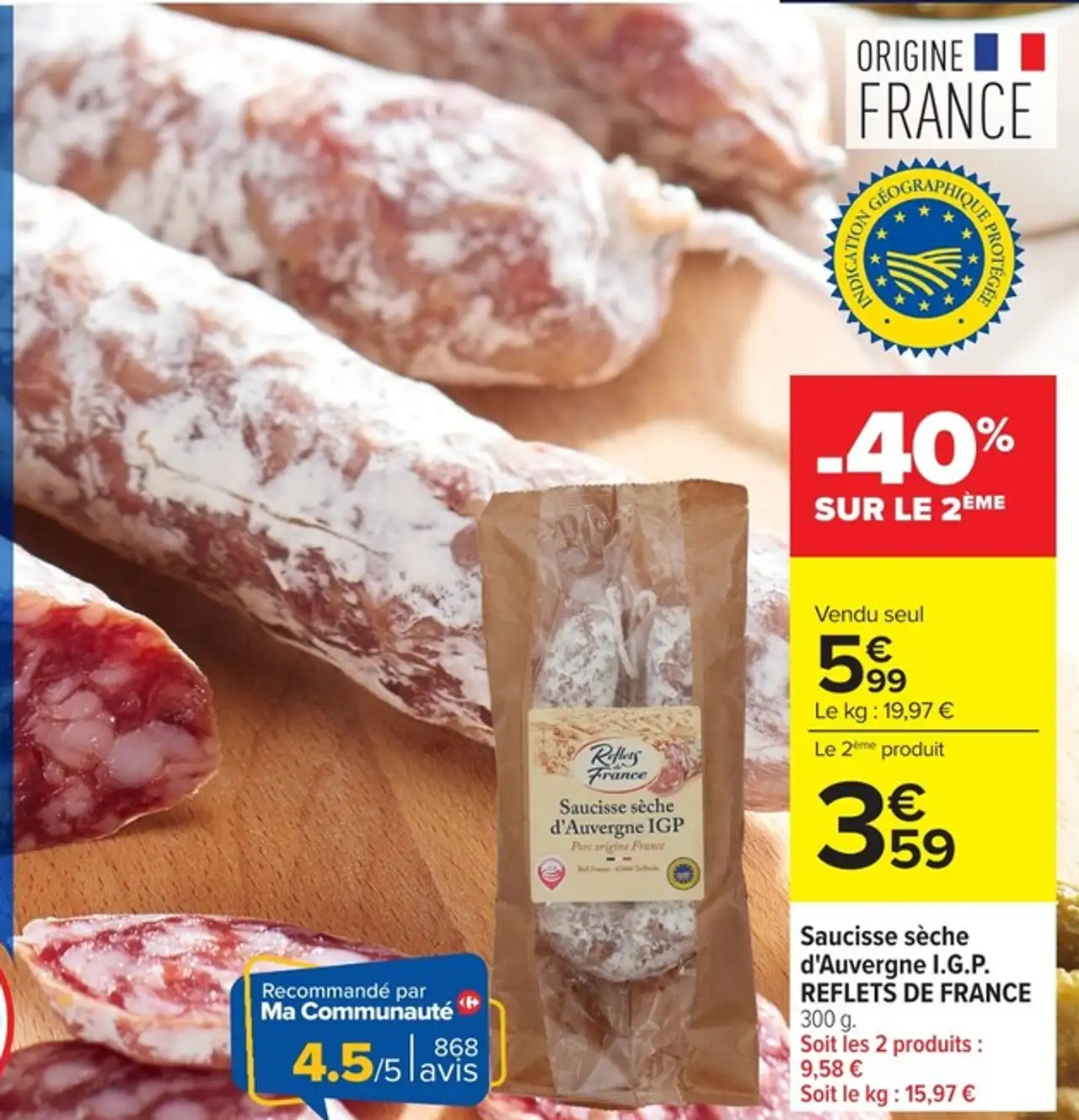 Saucisse sèche d'Auvergne I.G.P. REFLETS DE FRANCE