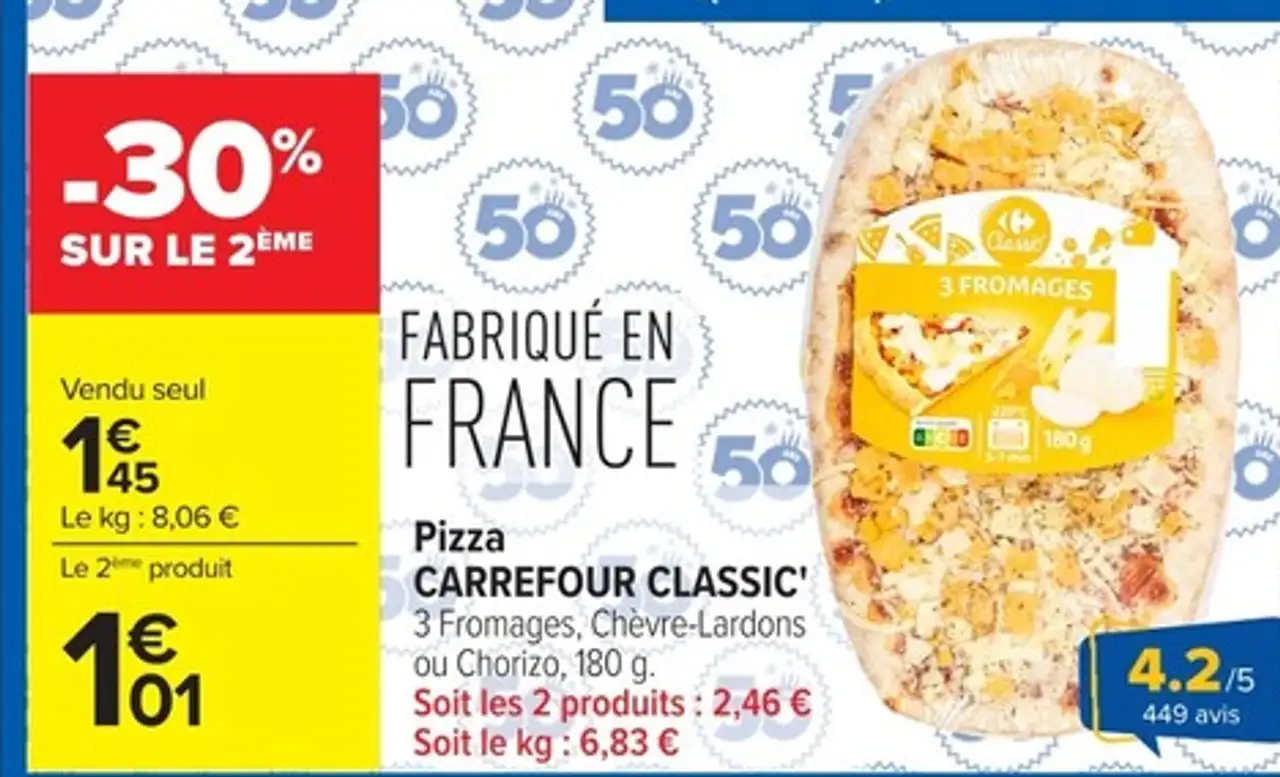 Pizza CARREFOUR CLASSIC' 3 Fromages, Chèvre-Lardons ou Chorizo