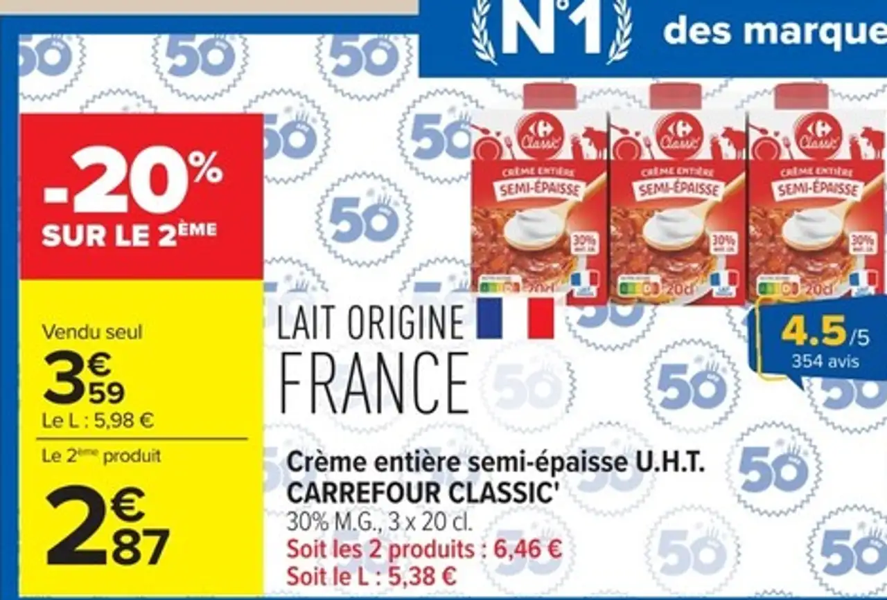 Crème entière semi-épaisse U.H.T. CARREFOUR CLASSIC'