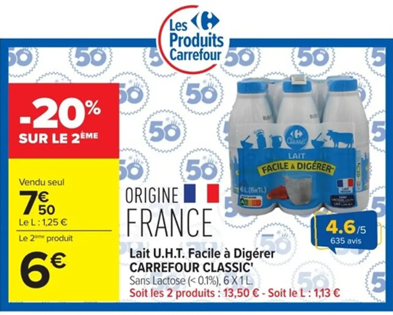 Lait U.H.T. Facile à Digérer CARREFOUR CLASSIC'