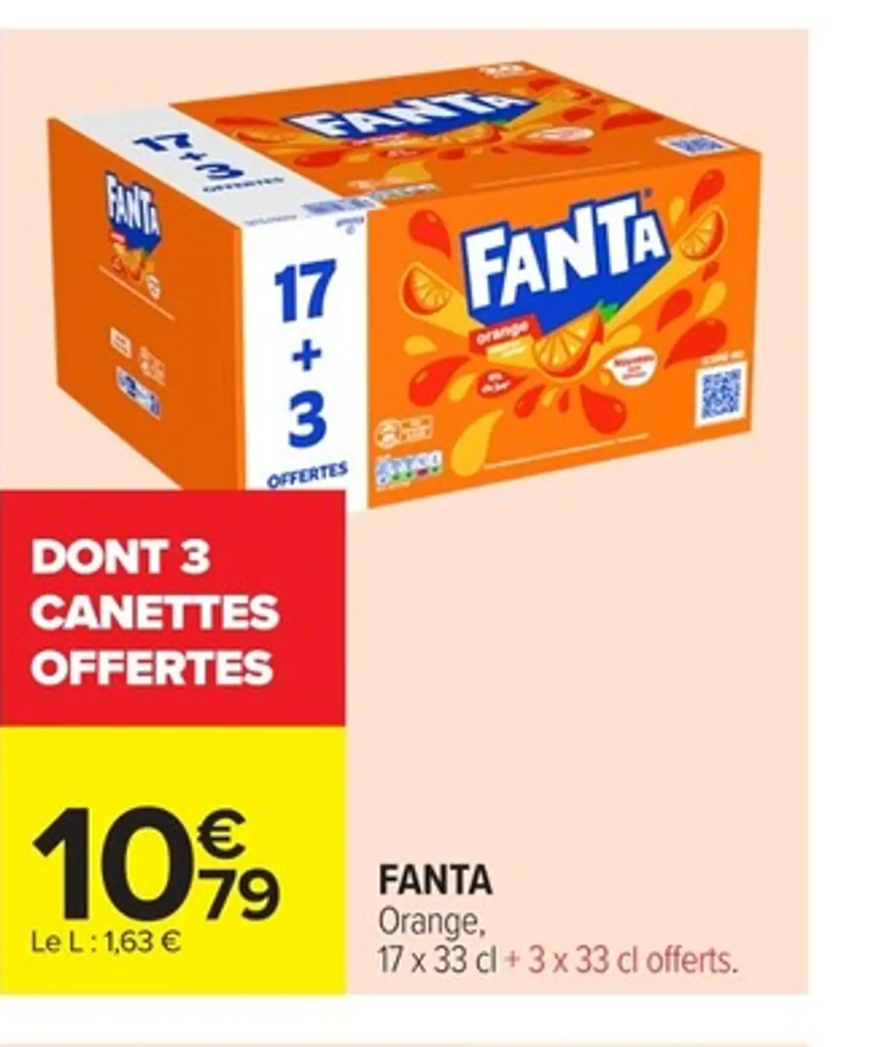 FANTA Orange, 17 x 33 cl + 3 x 33 cl offerts.