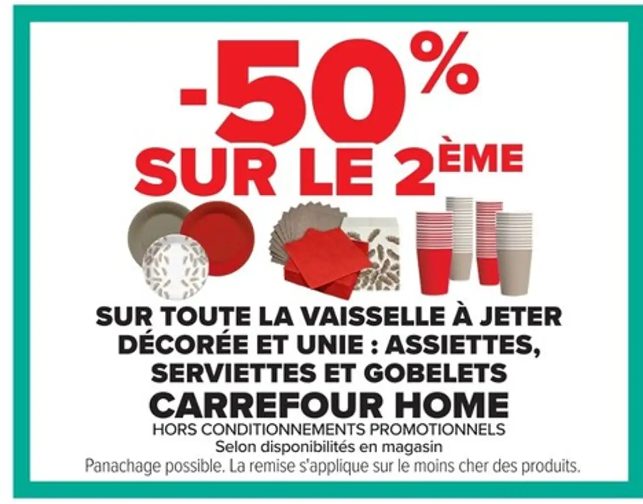 Vaisselle à jeter décorée et unie : assiettes, serviettes et gobelets Carrefour Home