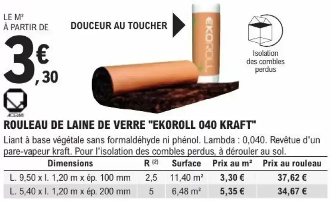 Rouleau de laine de verre "Ekoroll 040 Kraft"
