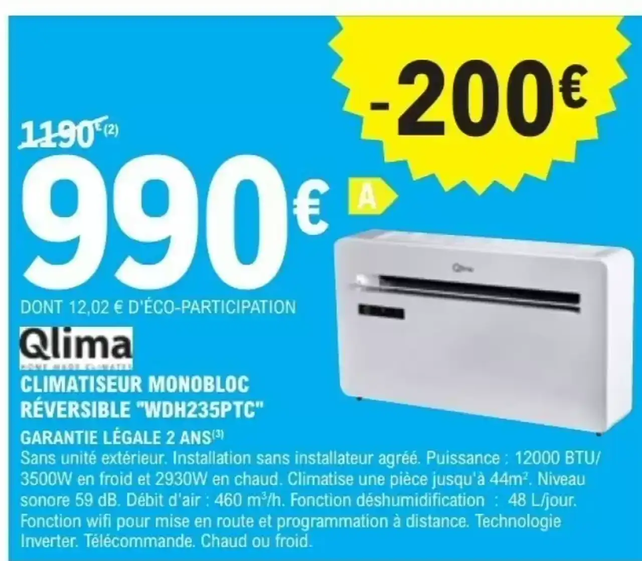 Qlima CLIMATISEUR MONOBLOC RÉVERSIBLE "WDH235PTC"