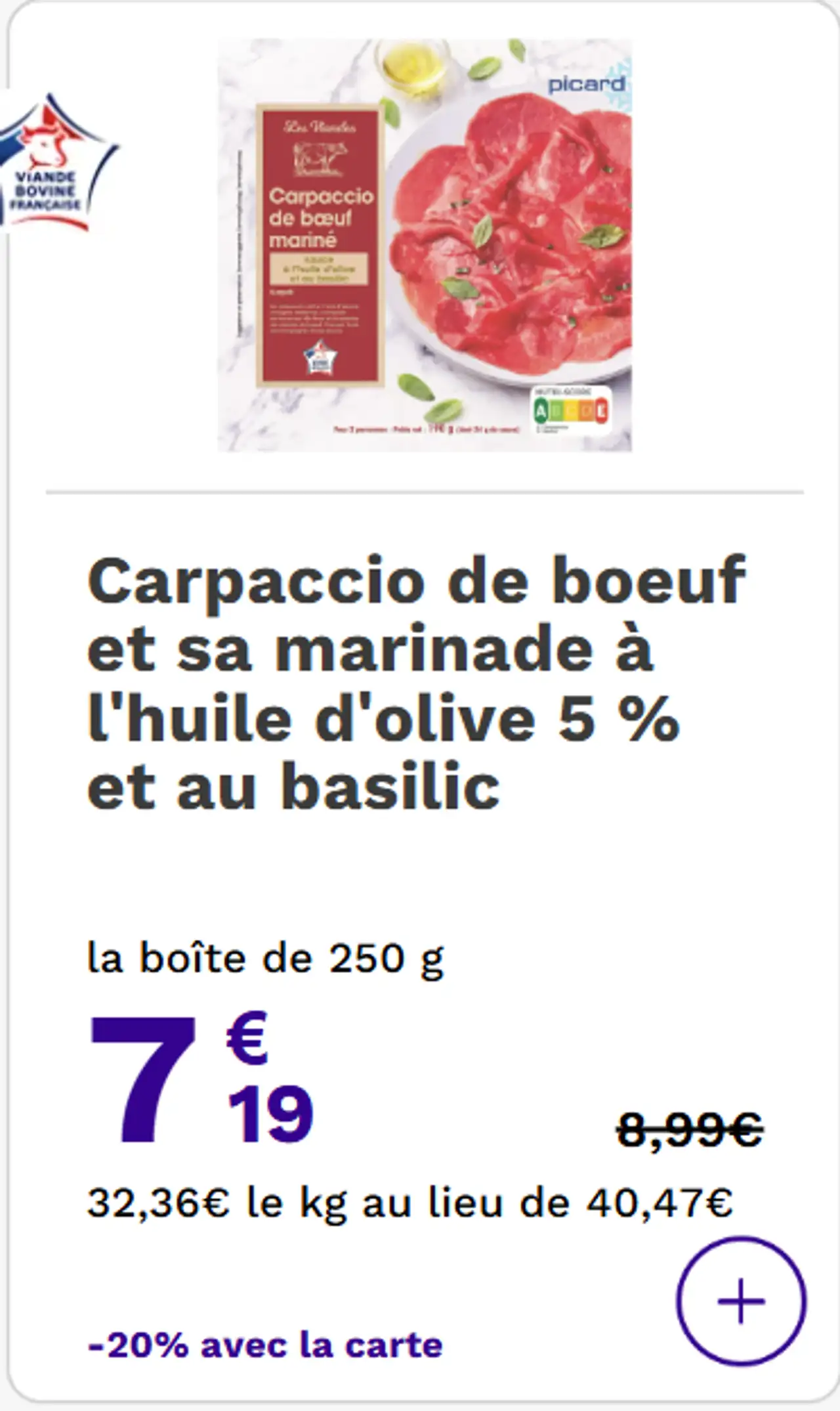 Picard Carpaccio de boeuf et sa marinade à l'huile d'olive 5 % et au basilic