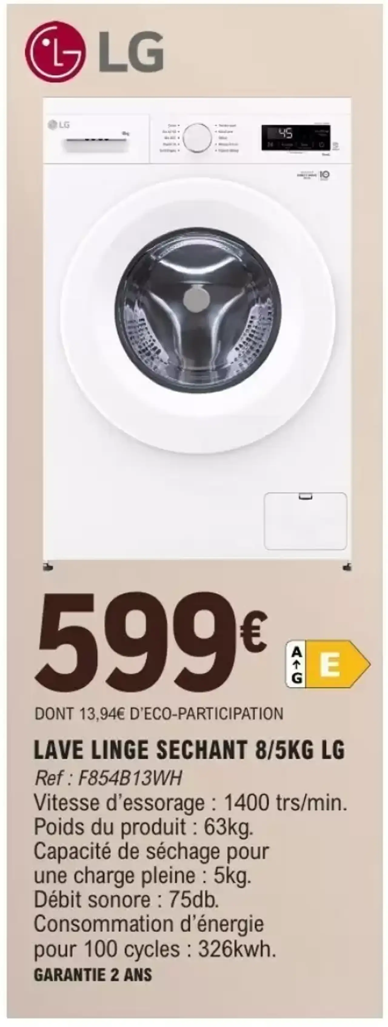 LAVE LINGE SECHANT 8/5KG LG Ref : F854B13WH