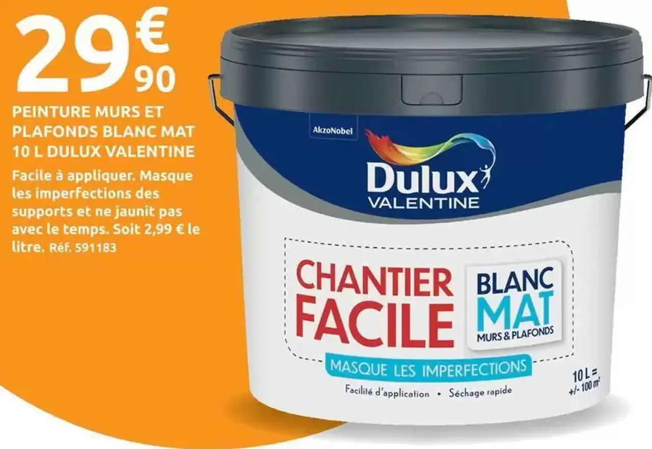 PEINTURE MURS ET PLAFONDS BLANC MAT 10 L DULUX VALENTINE