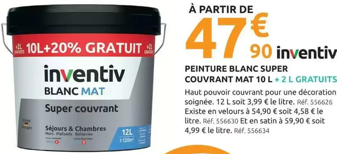 PEINTURE BLANC SUPER COUVRANT MAT 10 L + 2 L GRATUITS inventiv