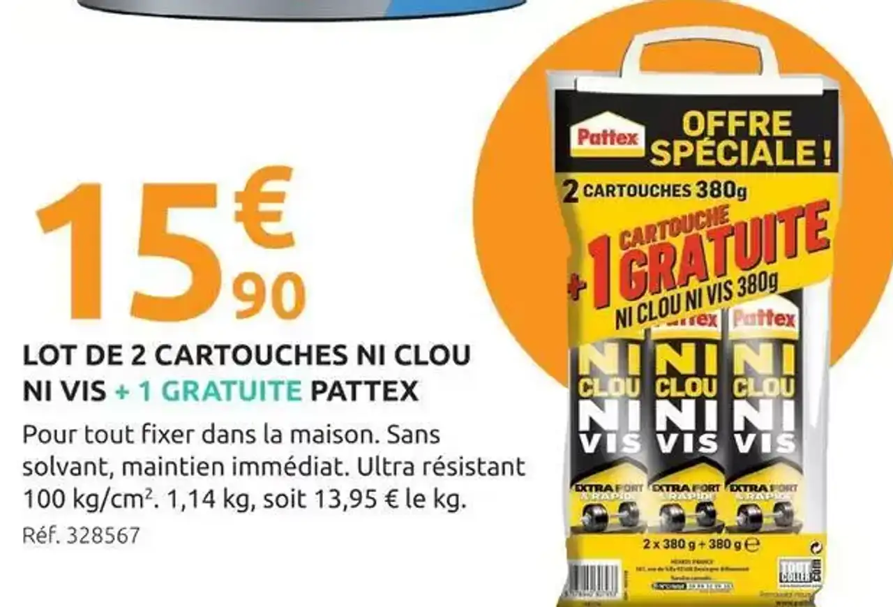LOT DE 2 CARTOUCHES NI CLOU NI VIS + 1 GRATUITE PATTEX