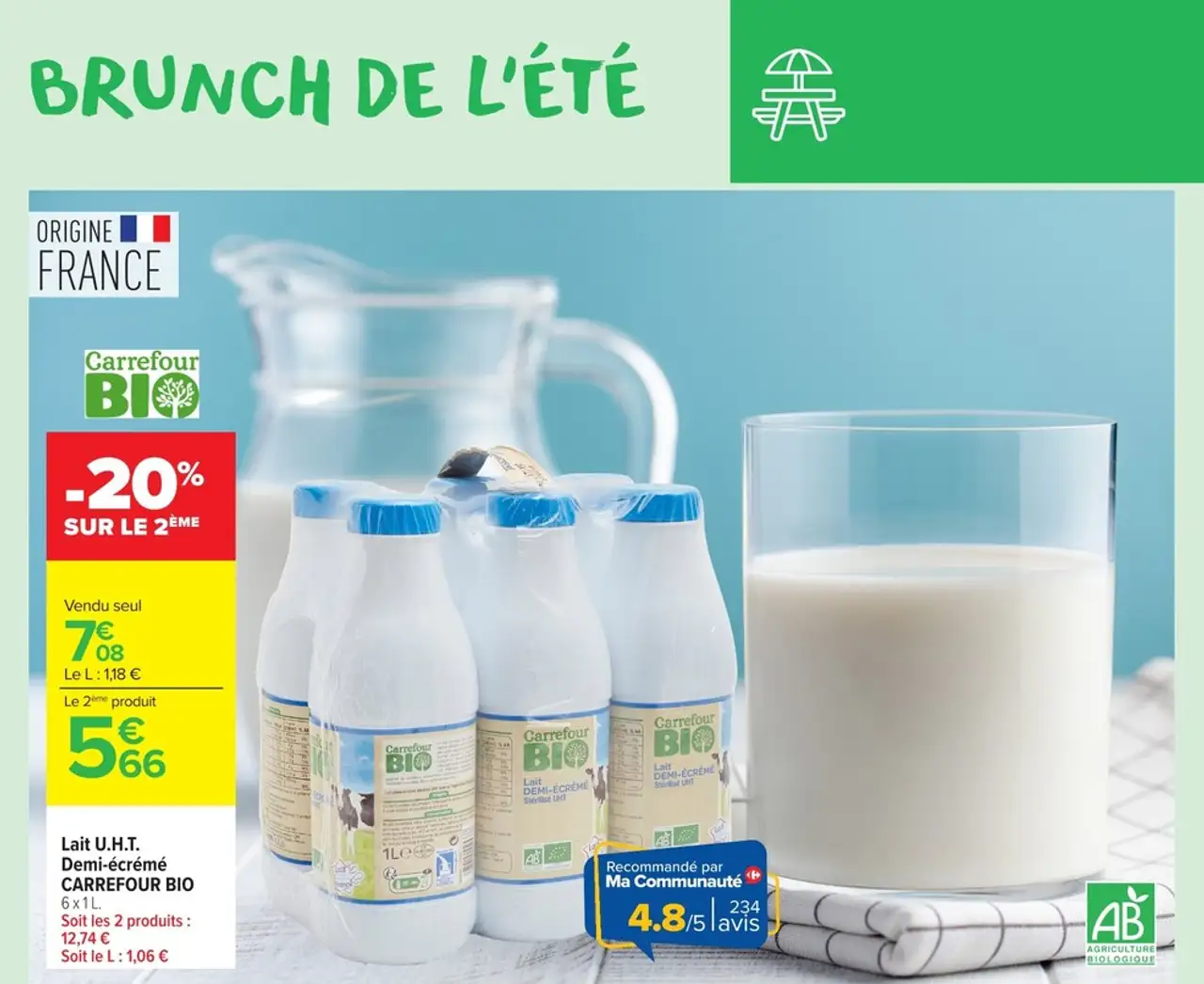 Lait U.H.T. Demi-écrémé CARREFOUR BIO