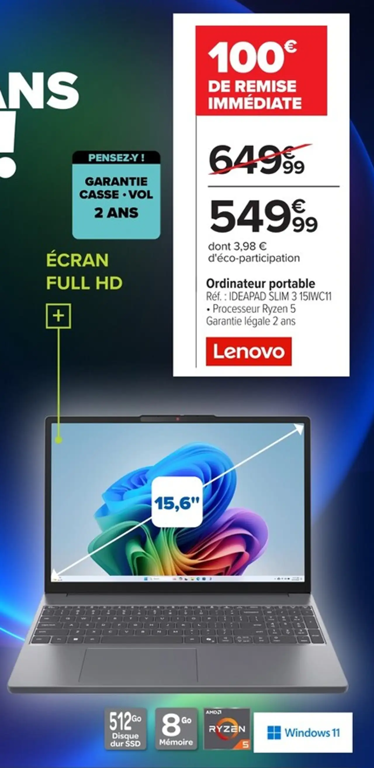 Ordinateur portable Lenovo IDEAPAD SLIM 3 15IWC11