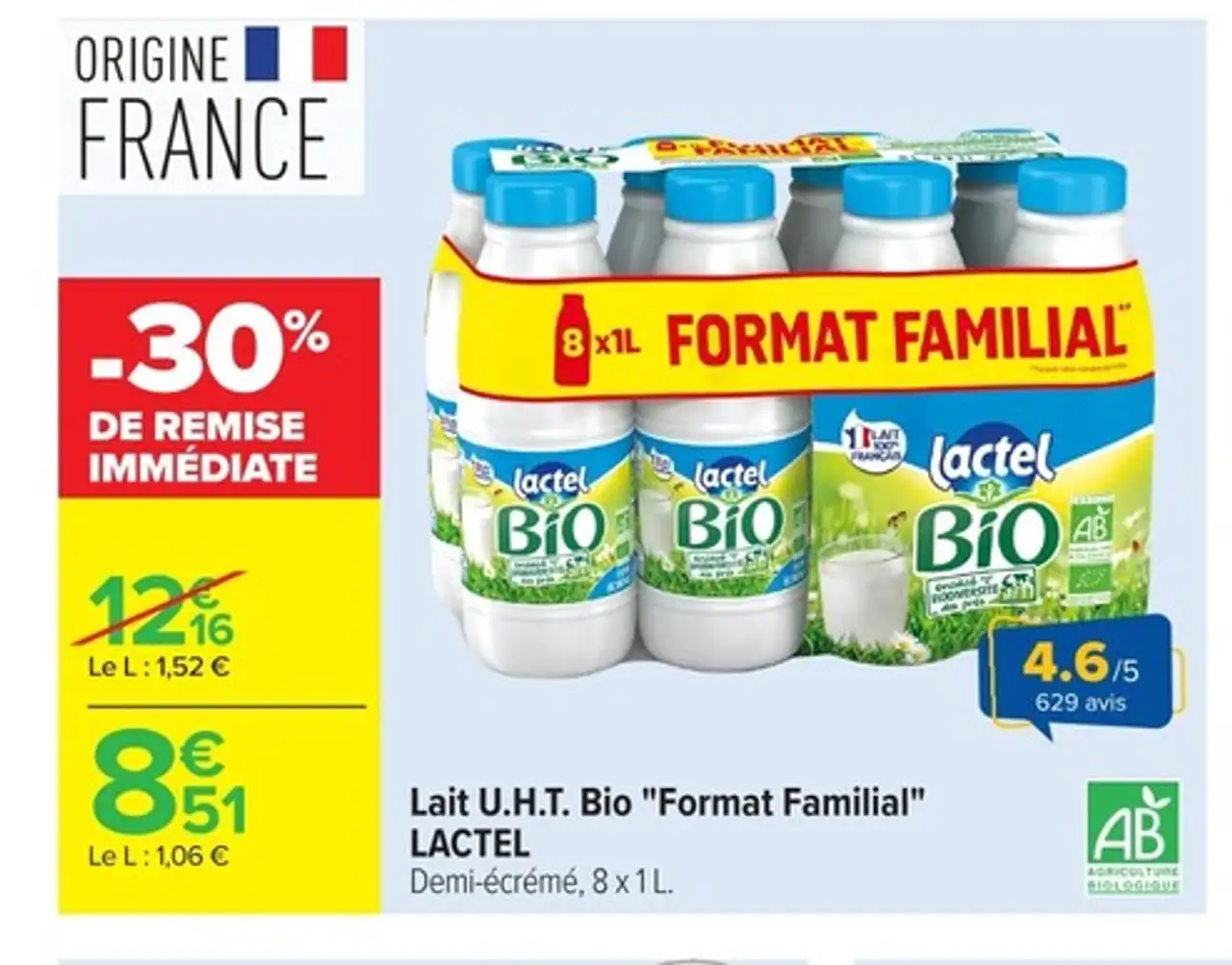 Lait U.H.T. Bio "Format Familial" LACTEL Demi-écrémé