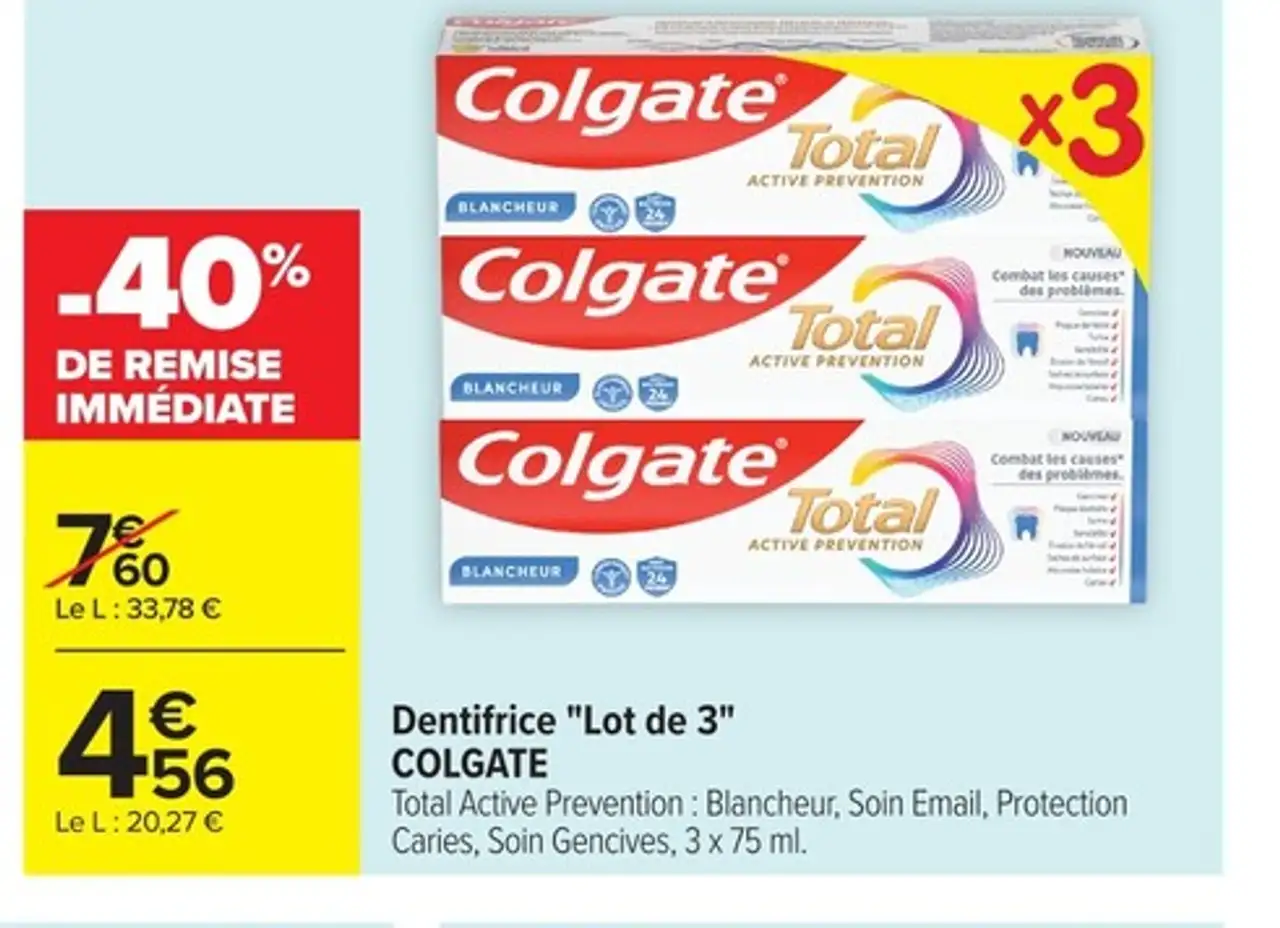 Dentifrice Lot de 3 Colgate Total Active Prevention