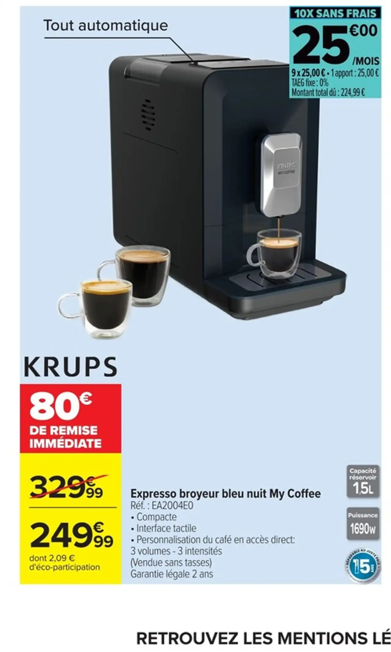 Krups Expresso broyeur bleu nuit My Coffee Réf : EA2004E0