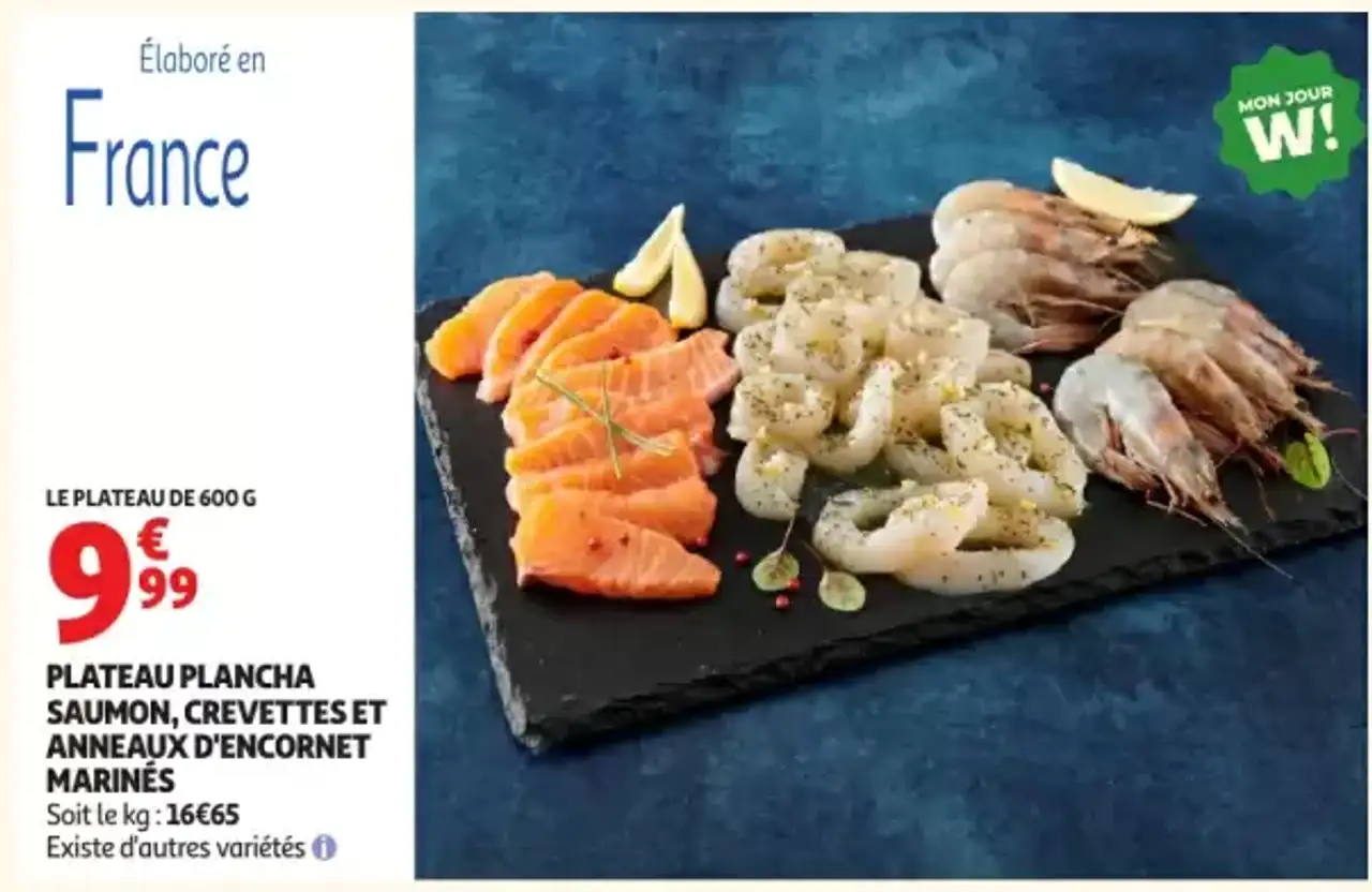 PLATEAU PLANCHA SAUMON, CREVETTES ET ANNEAUX D'ENCORNET MARINÉS