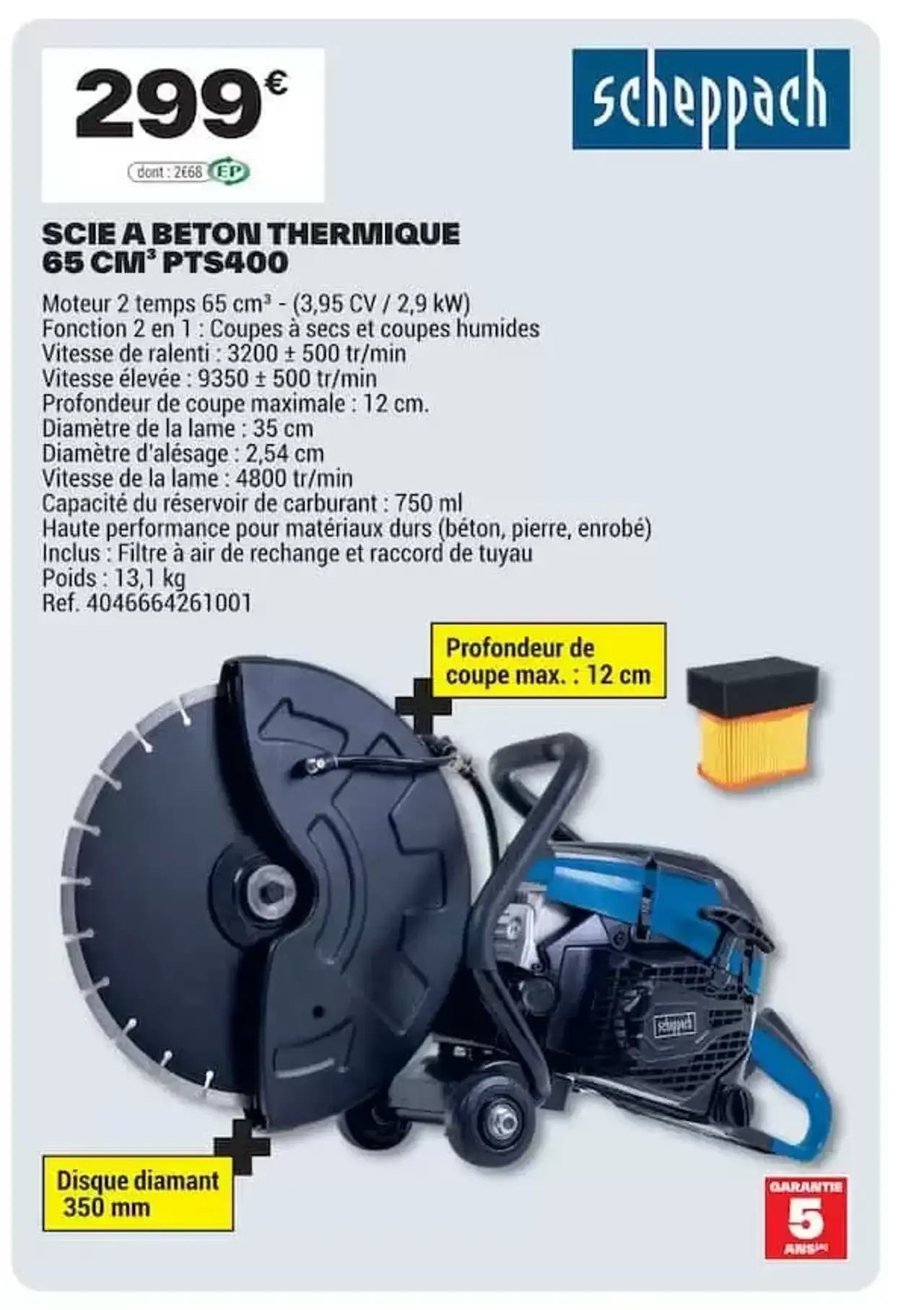 scheppach Scie à béton thermique 65 CM³ PTS400