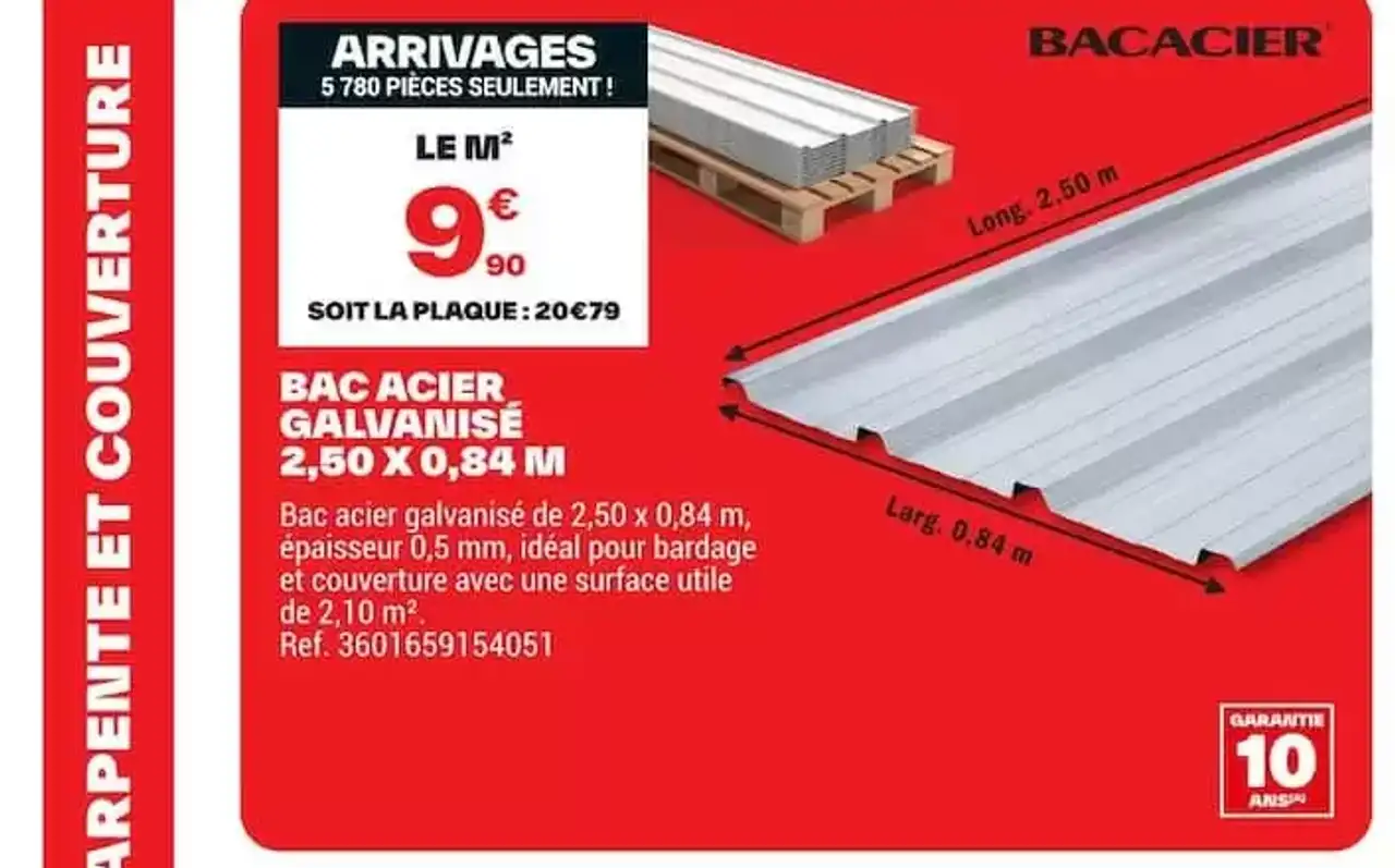 BACACIER Bac Acier Galvanisé 2,50 x 0,84 M