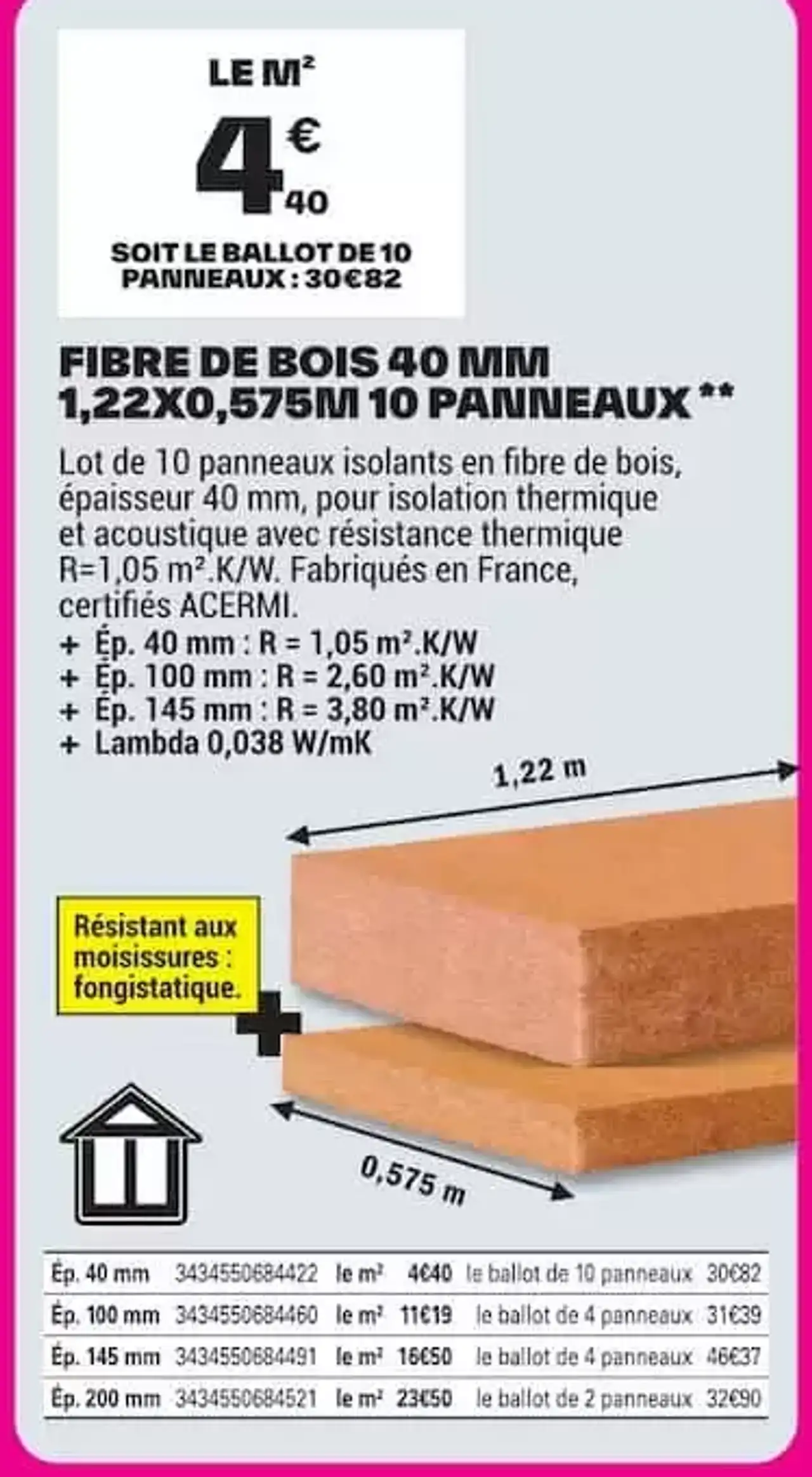 Soprema Fibre de bois 40 mm 1,22x0,575m 10 panneaux