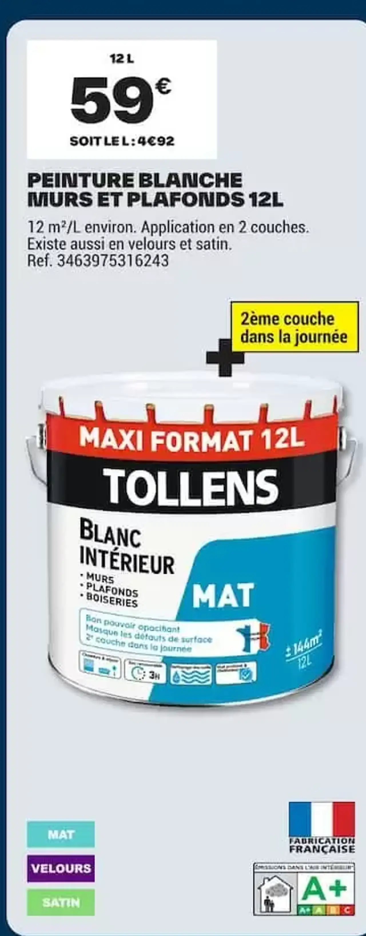 Peinture Blanche Murs et Plafonds Tollens 12L