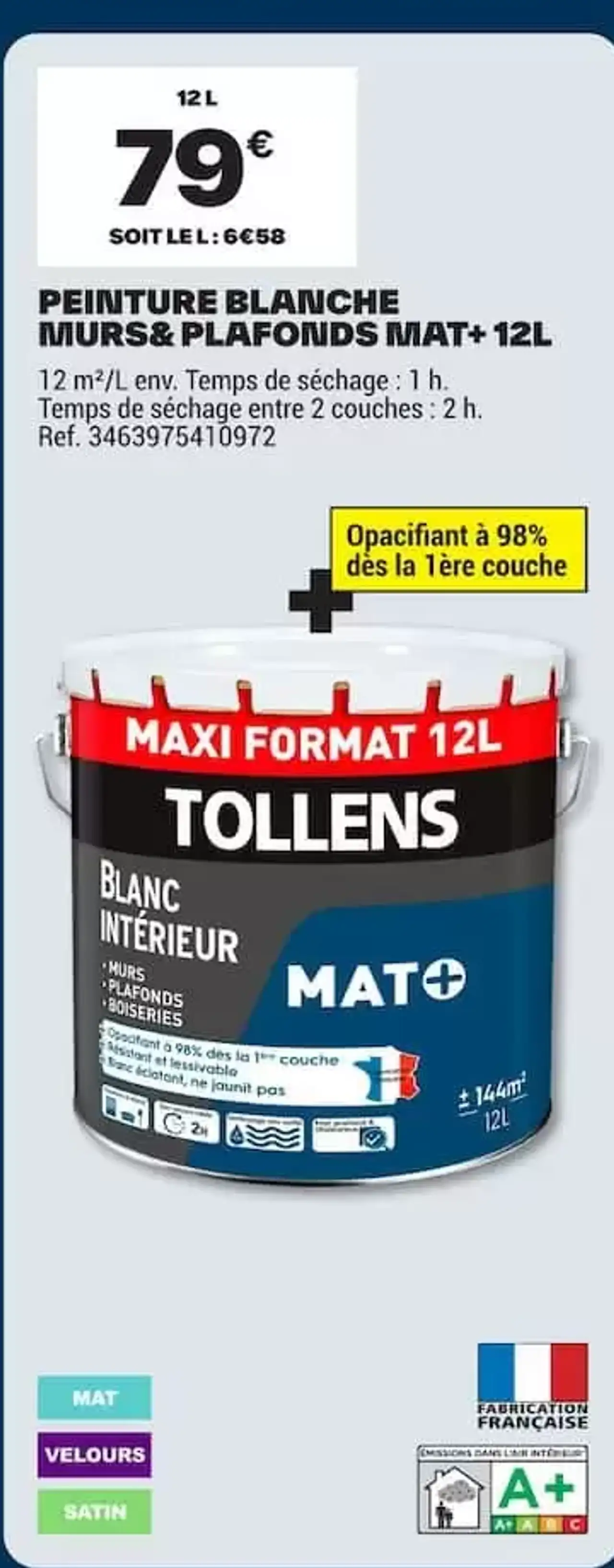 Peinture Blanche Murs & Plafonds Mat+ Tollens 12L