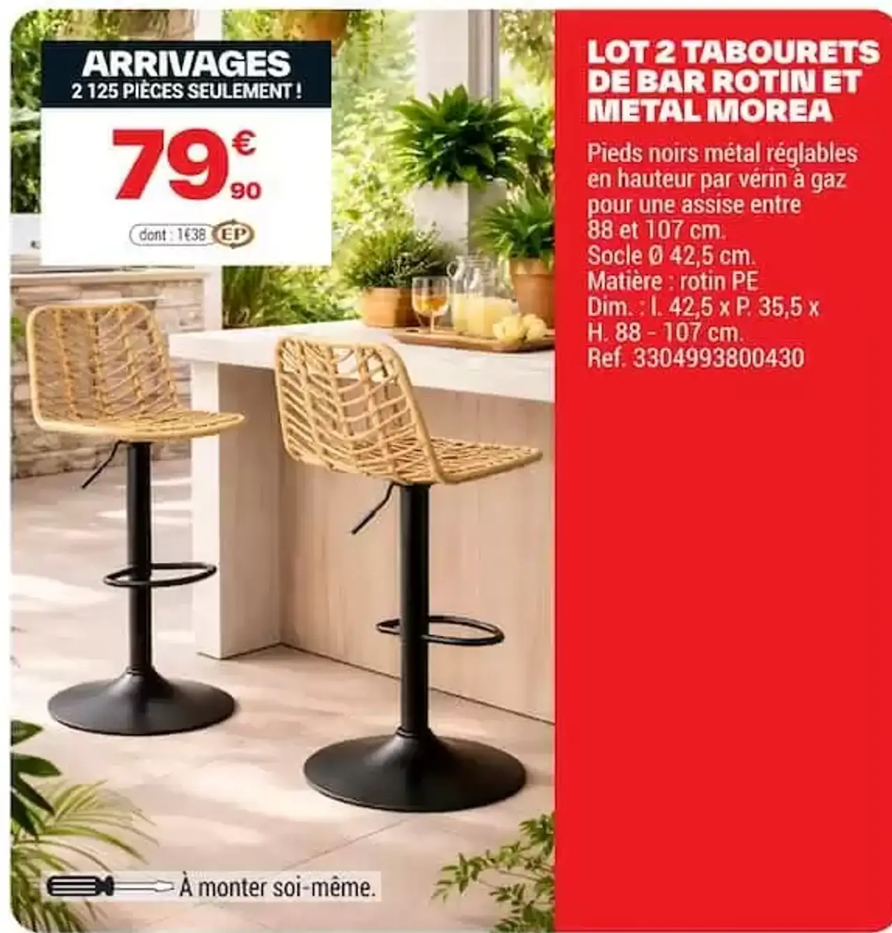 Lot 2 tabourets de bar rotin et métal Morea
