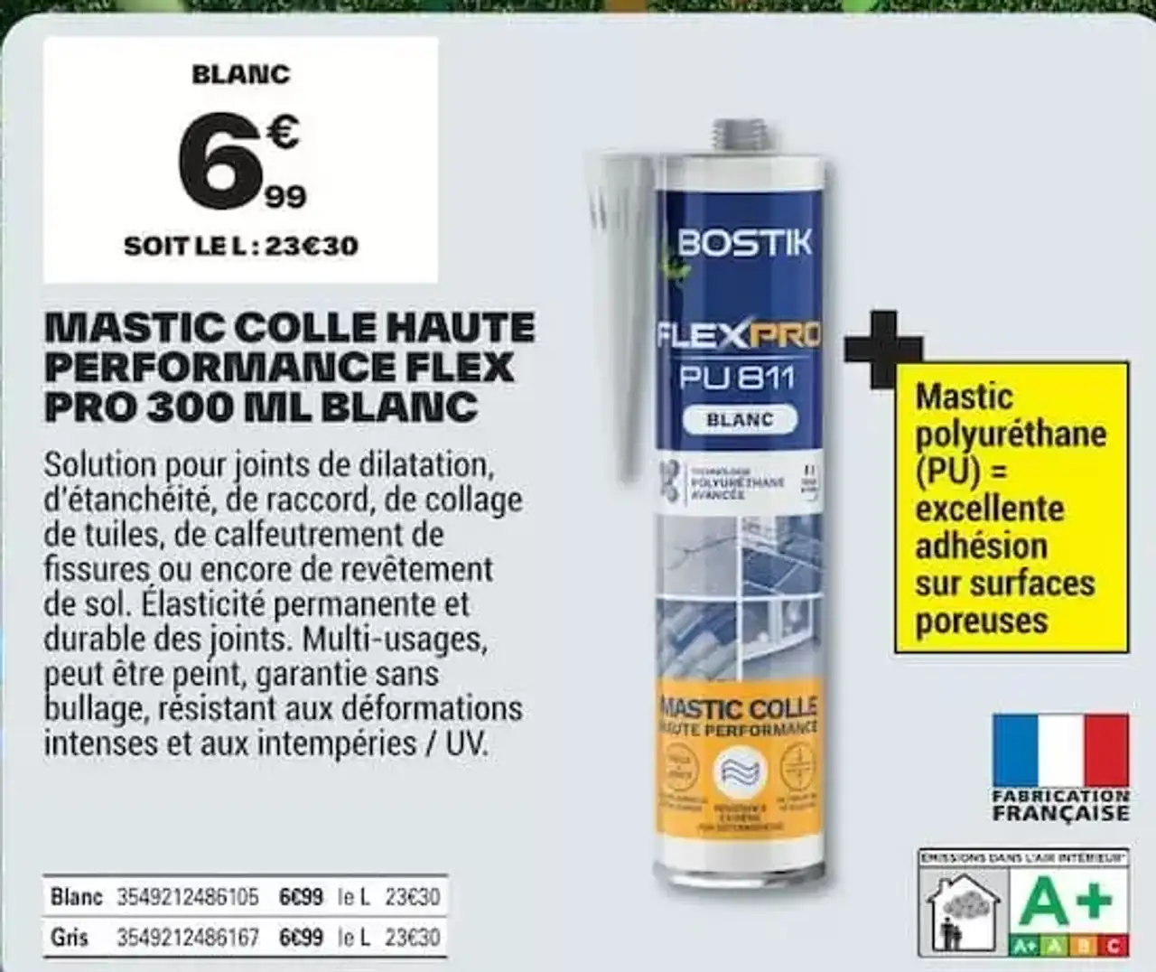 Mastic Colle Haute Performance Flex Pro 300 ml Blanc Bostik