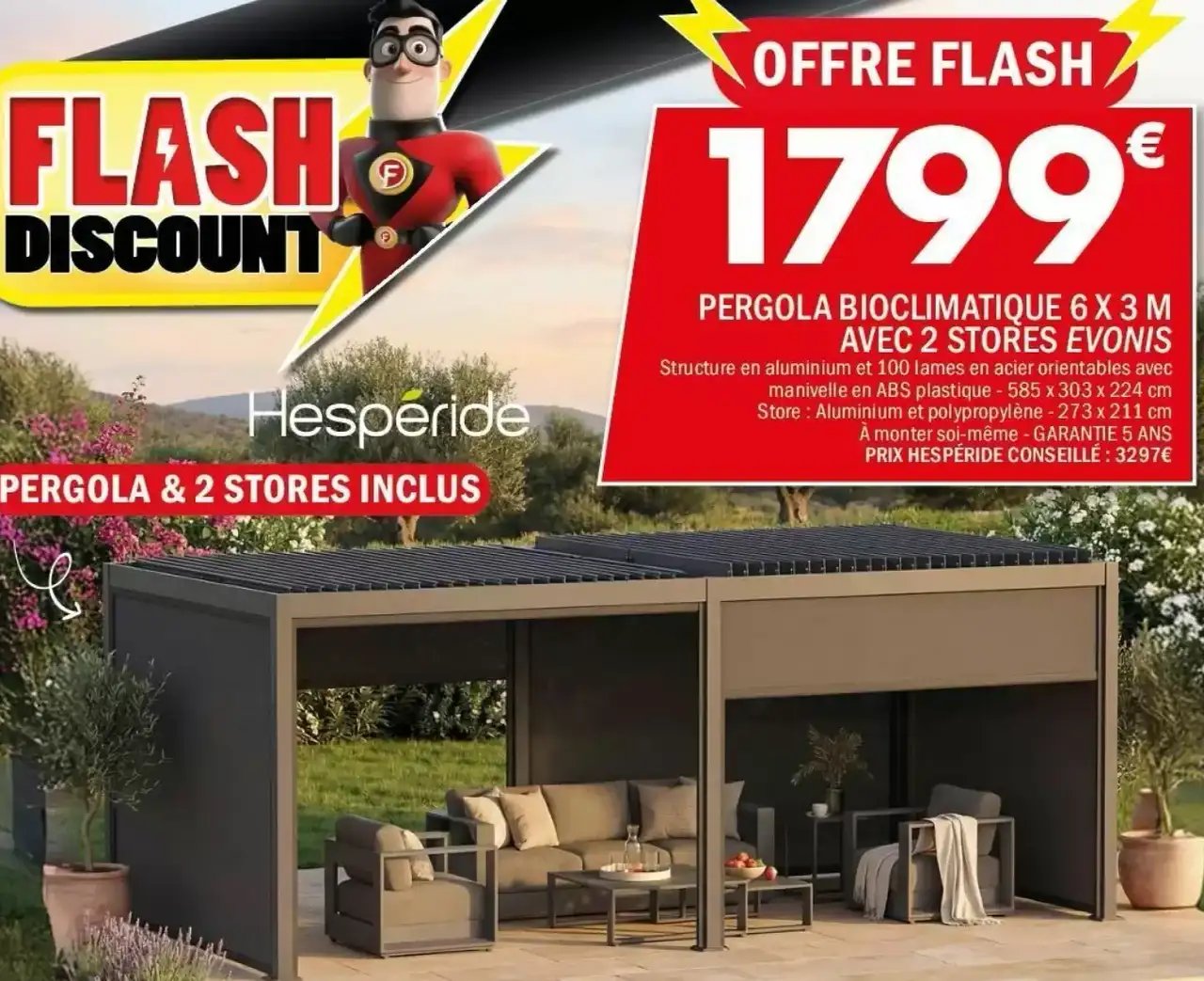 Pergola bioclimatique 6 x 3 m avec 2 stores Evonis