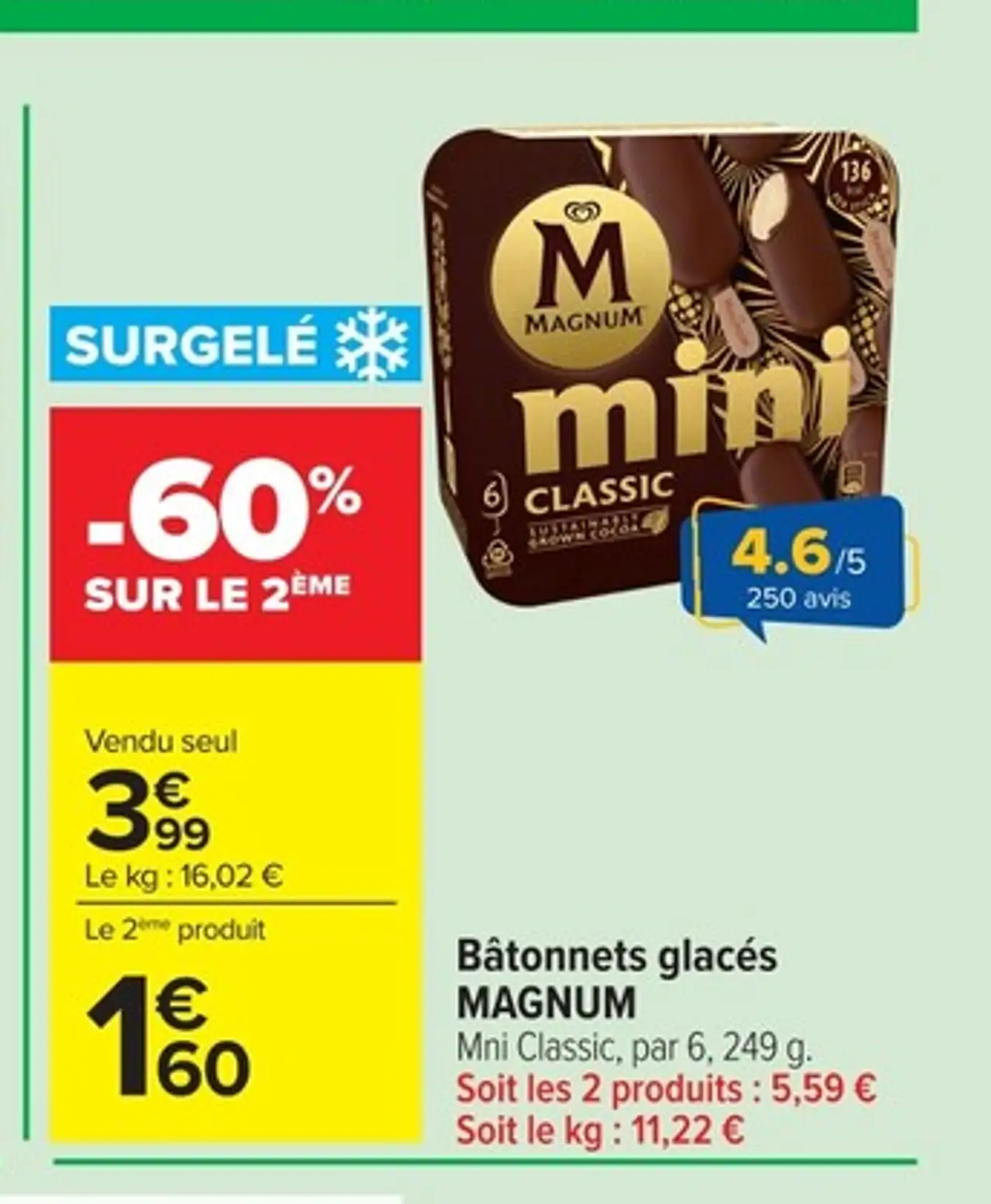 Bâtonnets glacés MAGNUM Mini Classic, par 6, 249 g