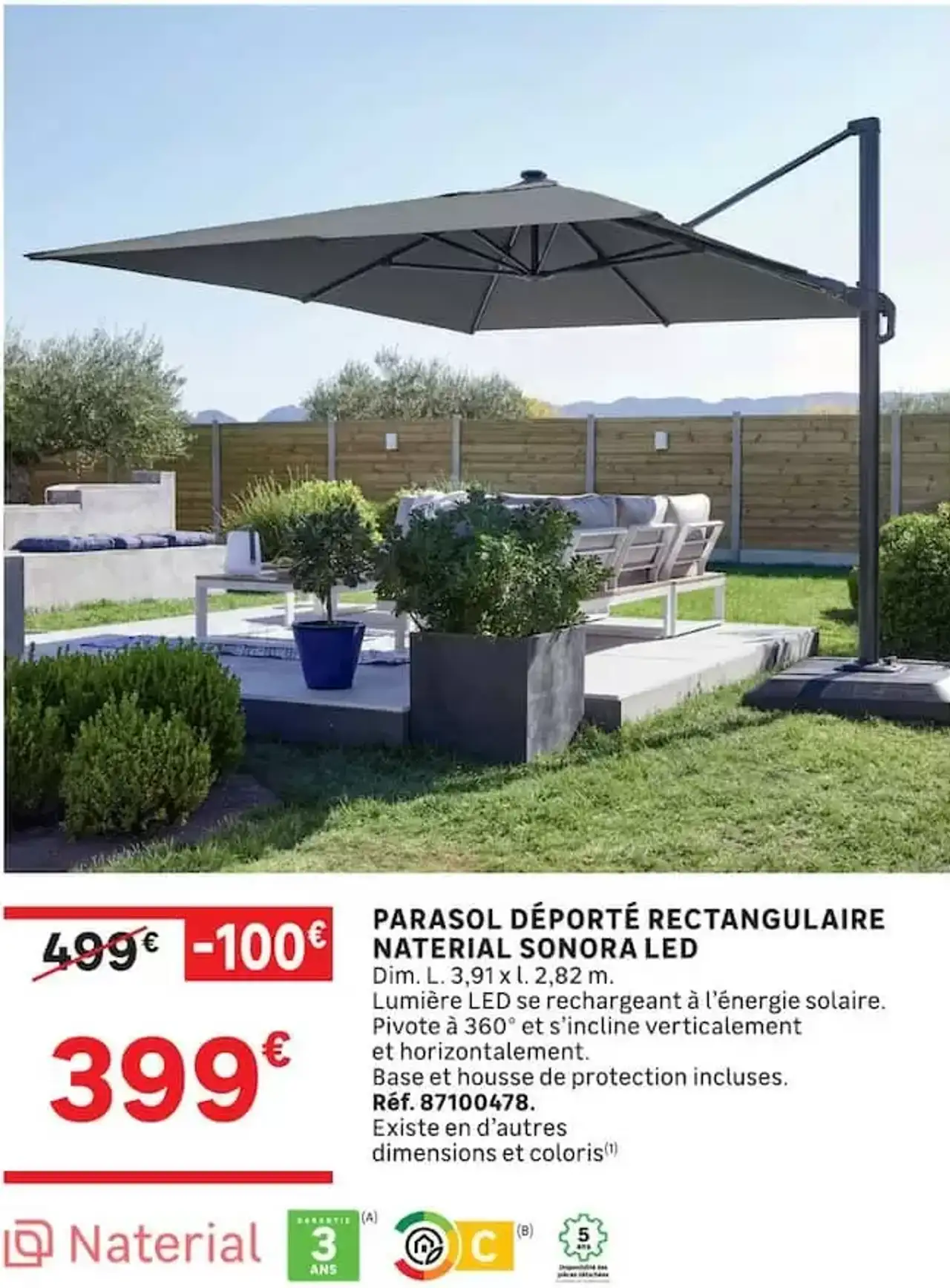 PARASOL DÉPORTÉ RECTANGULAIRE MATERIAL SONORA LED