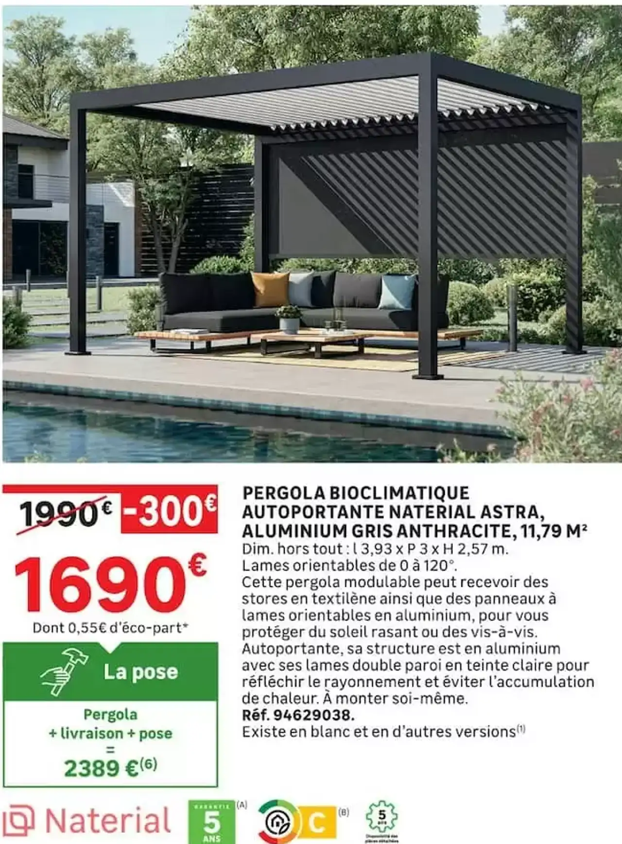 PERGOLA BIOCLIMATIQUE AUTOPORTANTE MATERIAL ASTRA, ALUMINIUM GRIS ANTHRACITE, 11,79 M²