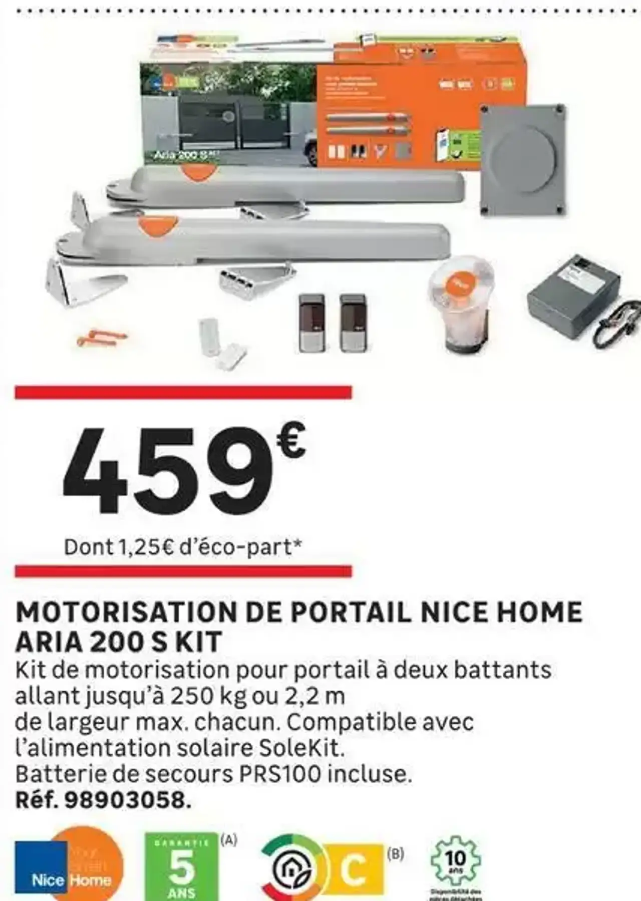 Motorisation de portail Nice Home Aria 200 S Kit