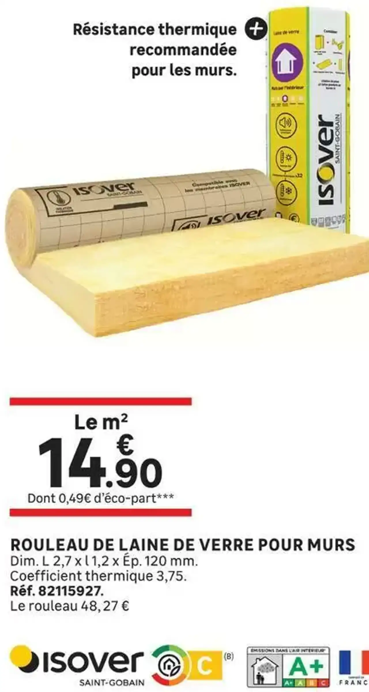 ROULEAU DE LAINE DE VERRE POUR MURS ISOVER
