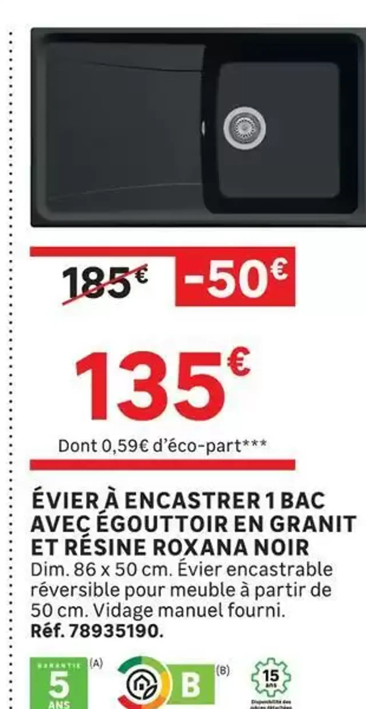 Évier à encastrer 1 bac avec égouttoir en granit et résine Roxana noir