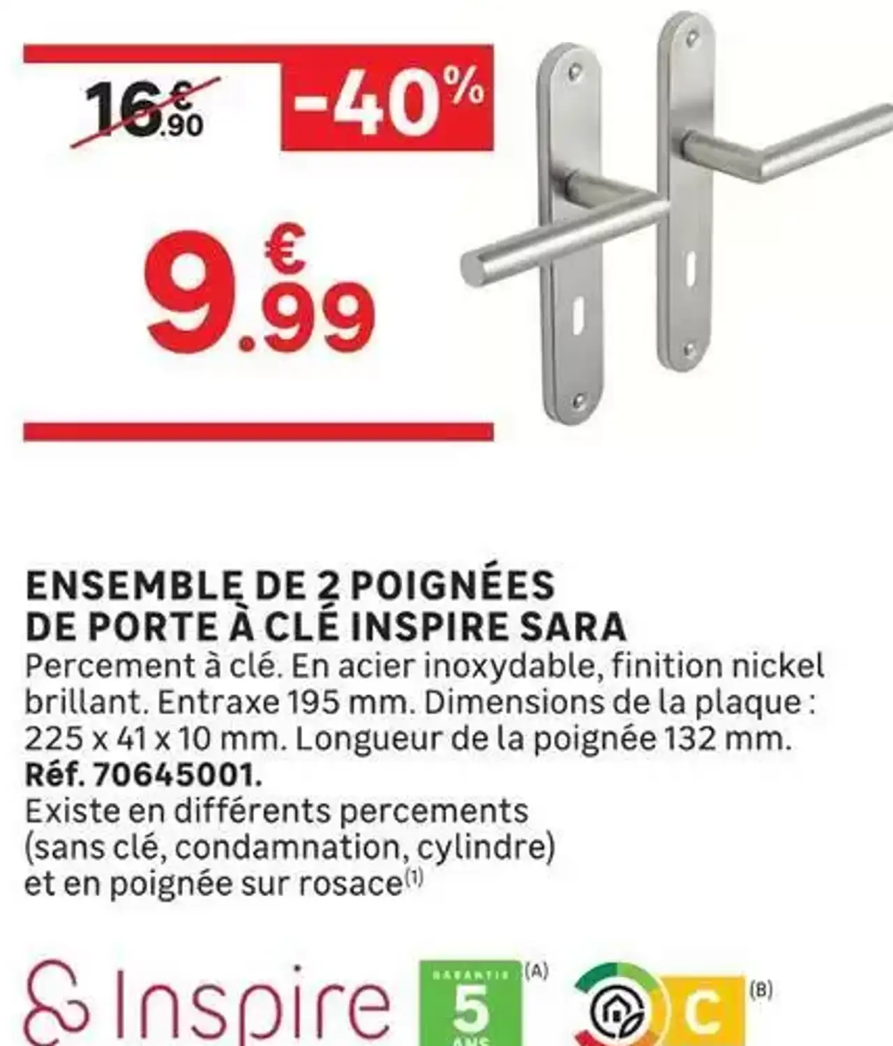 Ensemble de 2 poignées de porte à clé Inspire Sara