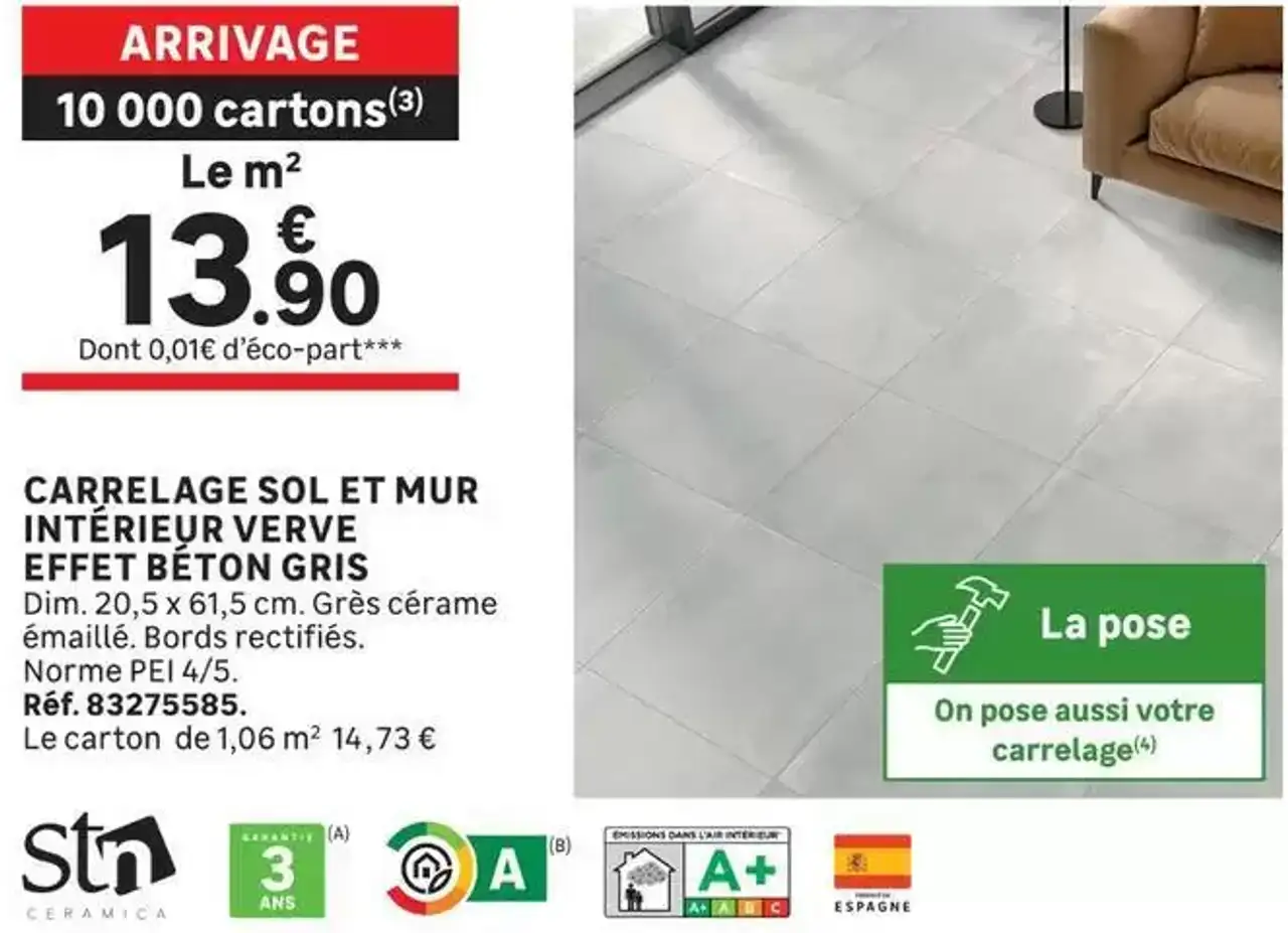 CARRELAGE SOL ET MUR INTÉRIEUR VERVE EFFET BÉTON GRIS STN